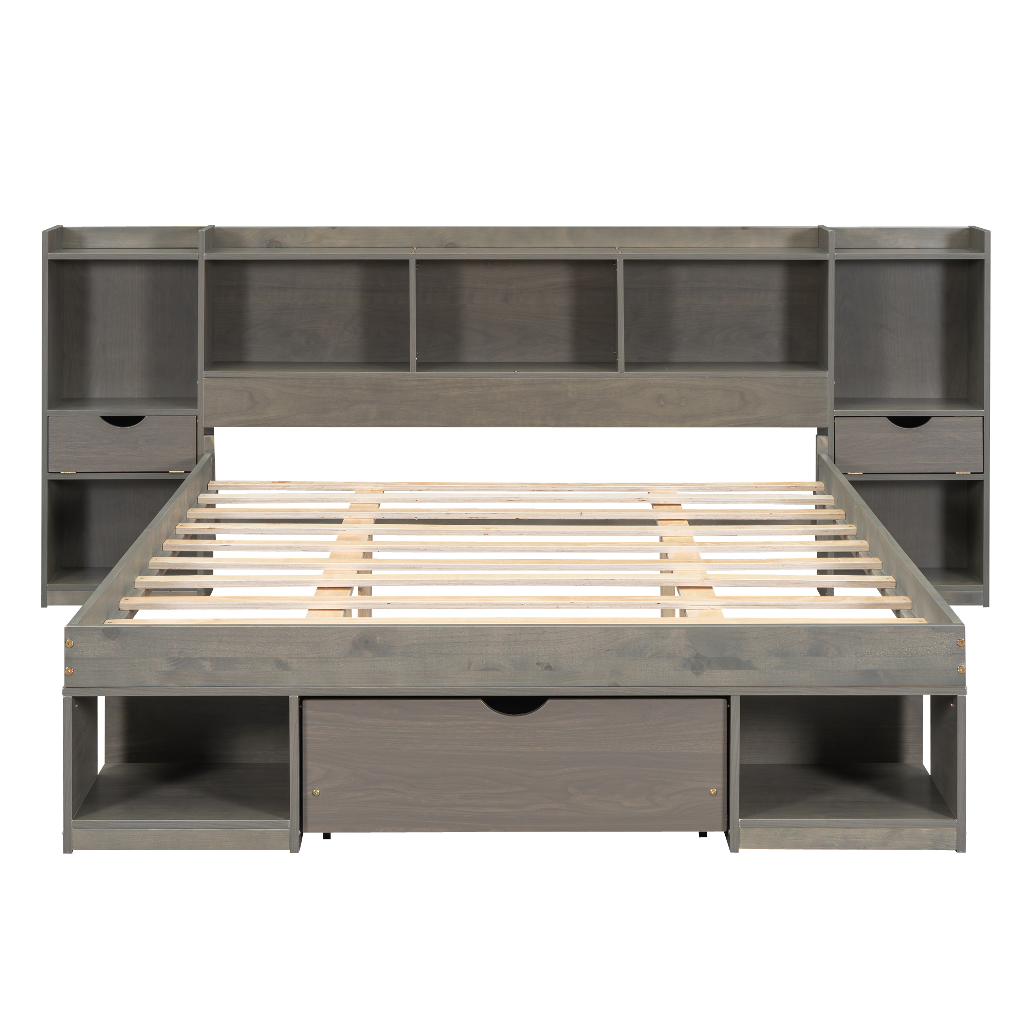 Queen Size Wood Platform Bed with Multi-storage Headboard and a Drawer, White/Gray