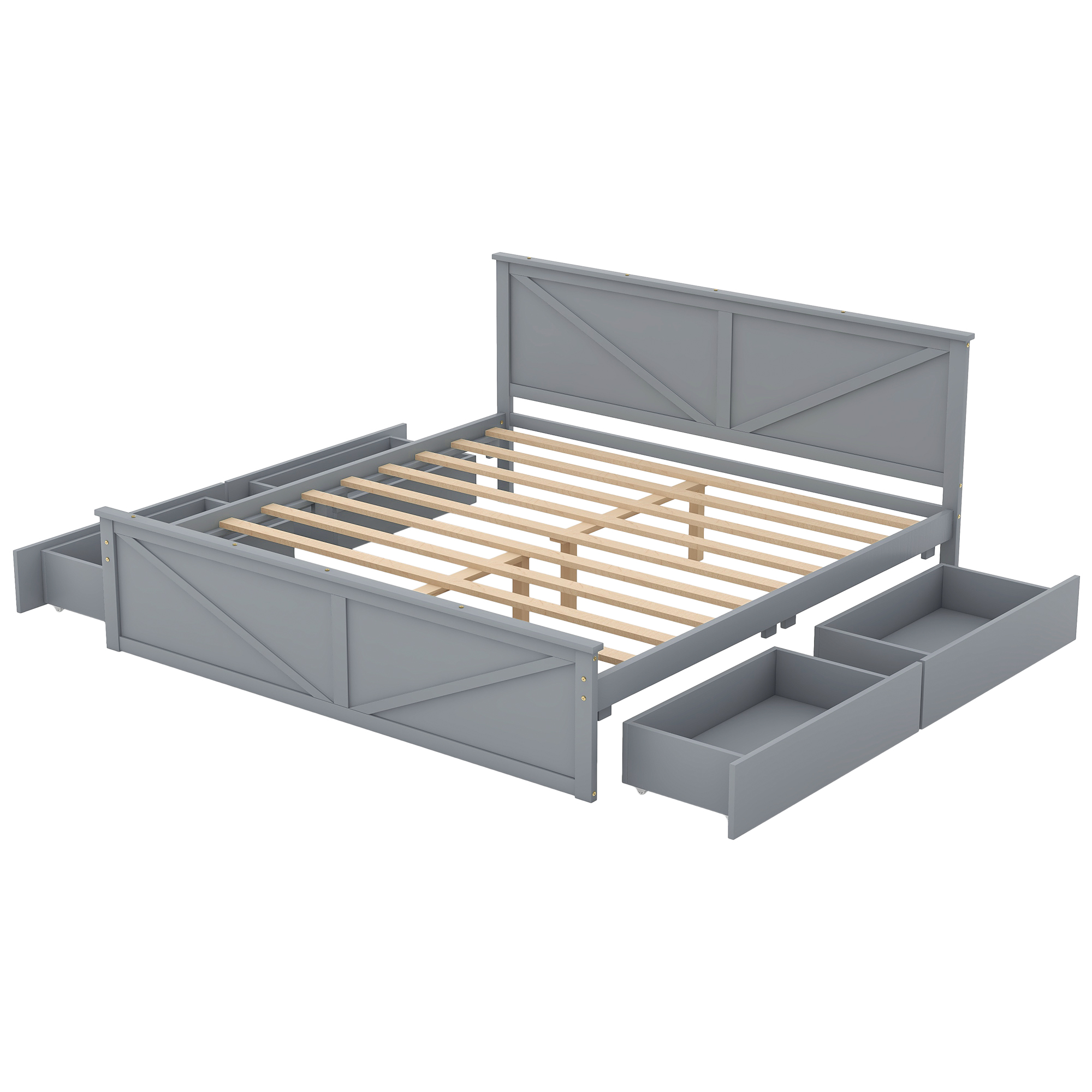 King/Queen Size Wooden Platform Bed with Four Storage Drawers and Support Legs, White/Gray