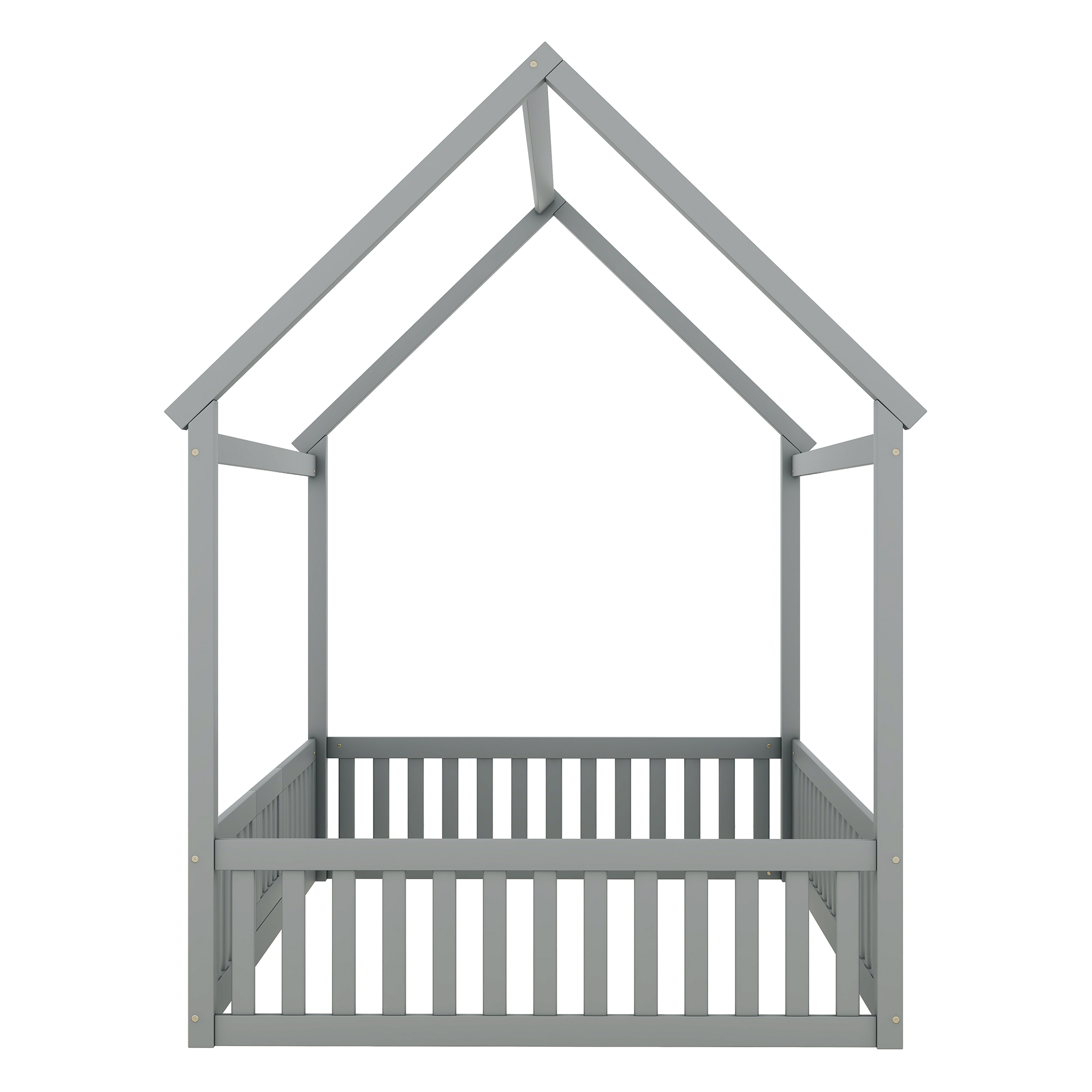 Twin/Full Size Wood House Bed with Fence and Door, Gray/White