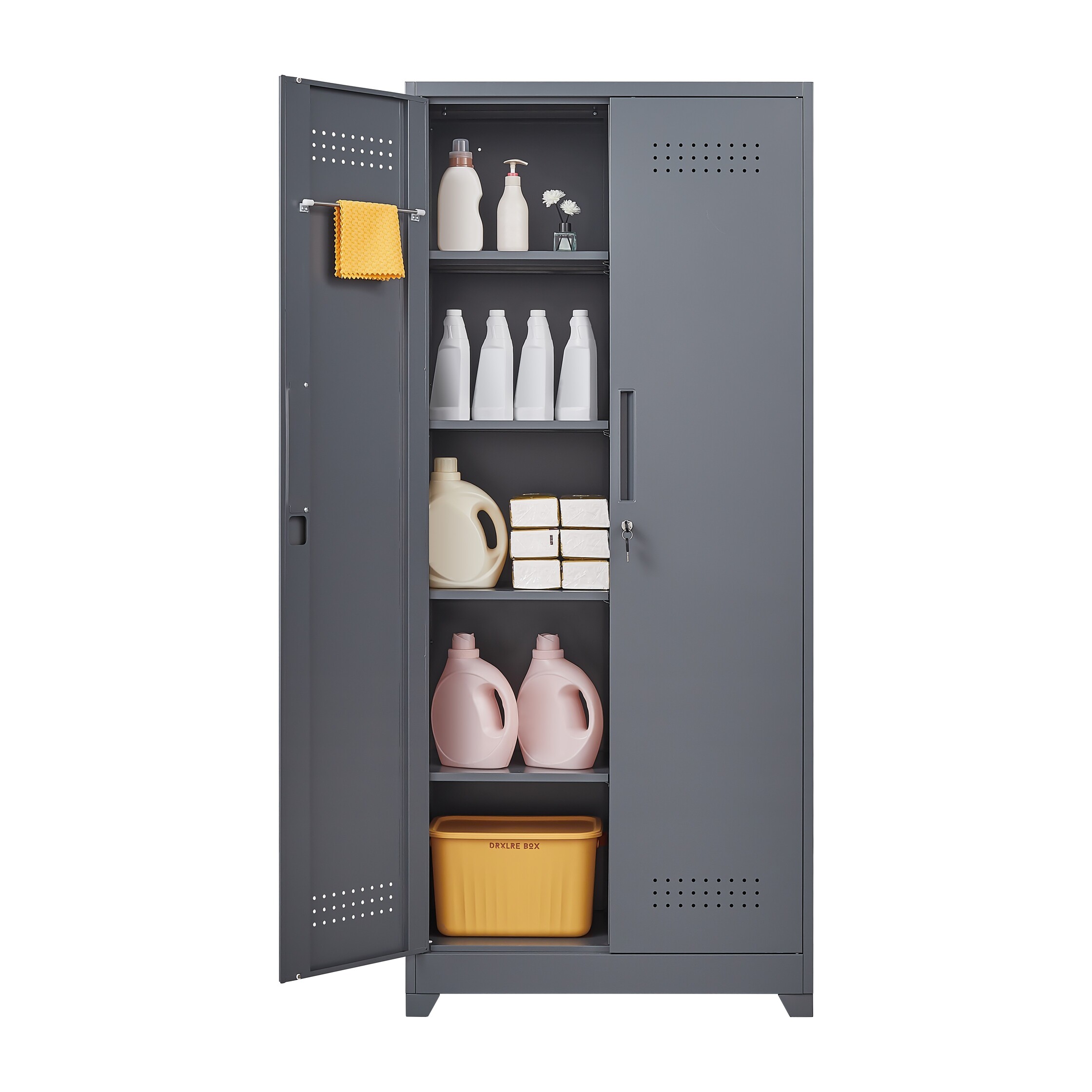 Metal Storage Cabinets, Cleaning Tool Cabinet with Locking Door, Tall Broom Tool Organizer and Storage, Large Storage Cabinet for Kitchen, Pantry, Office, Shop 