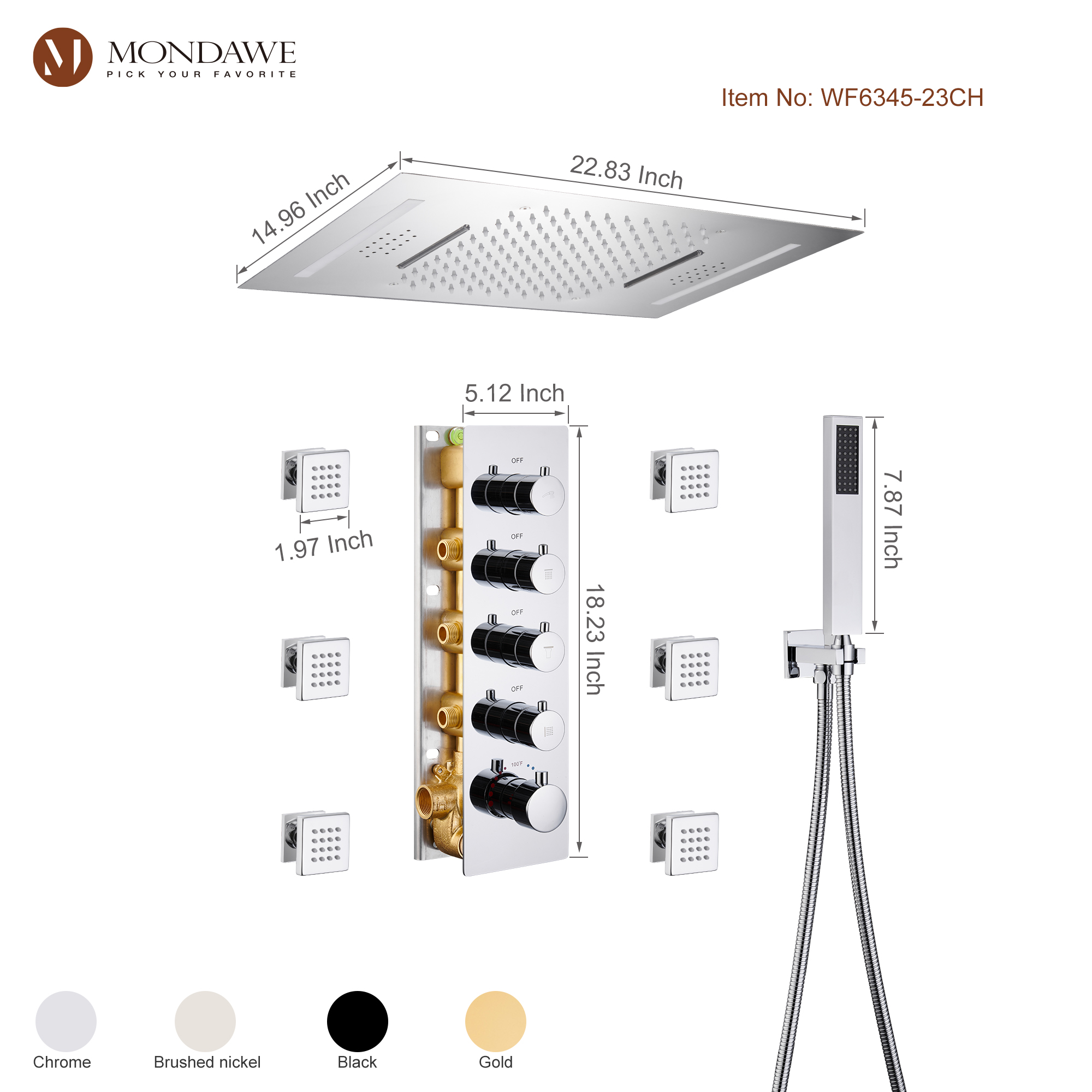 Mondawe Luxury 4-Way Thermostatic Shower System with LED and Music Player-Mondawe