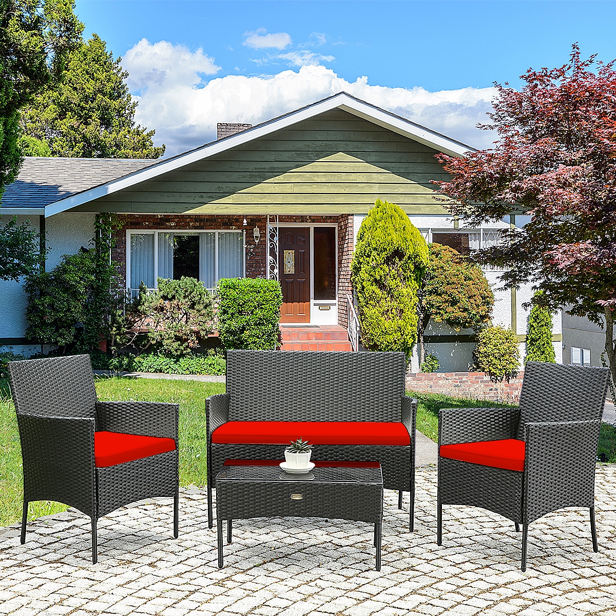 Mondawe 4 Pcs Patio Rattan Cushioned Sofa Furniture Set with Tempered Glass Coffee Table-White/Red/Turquoise-Mondawe