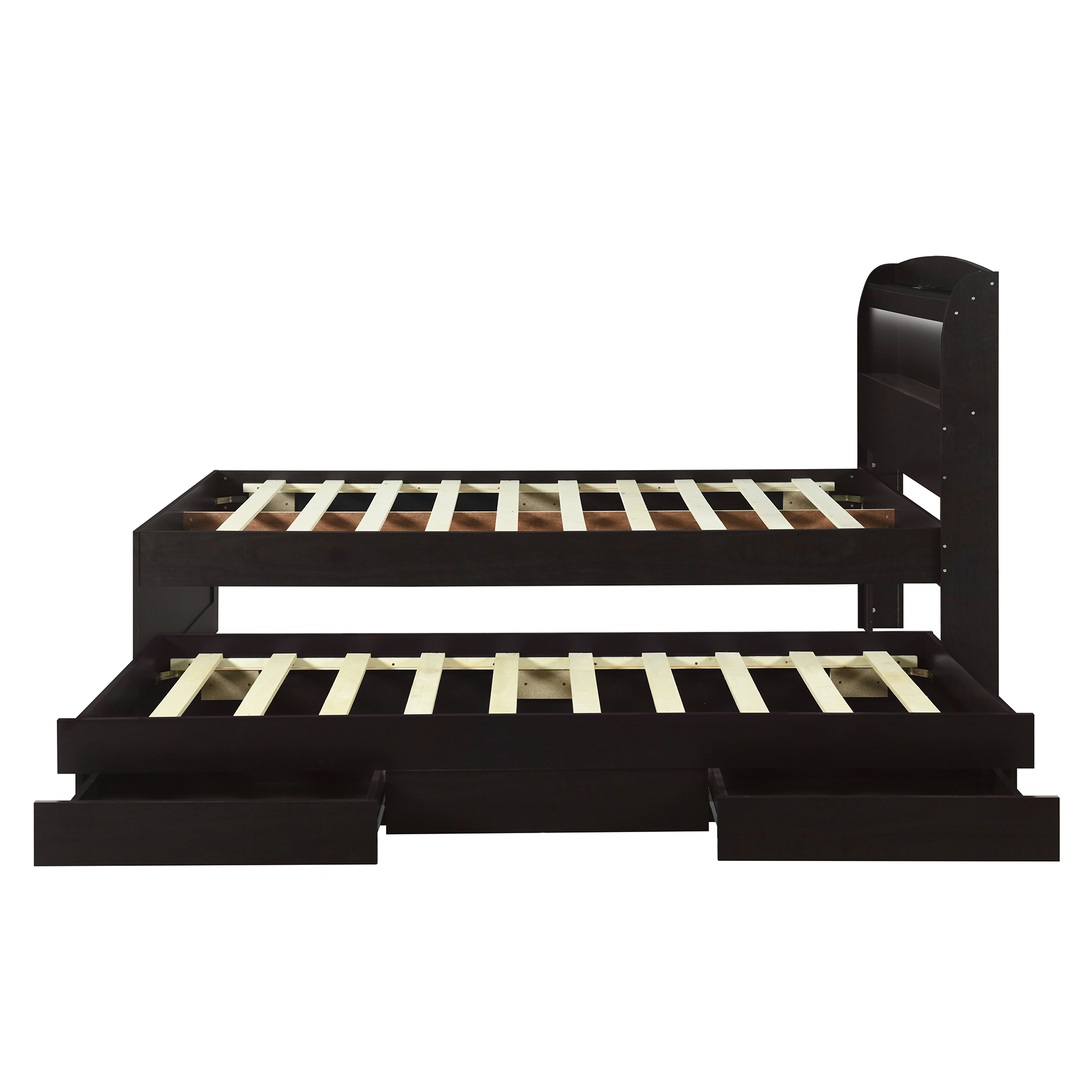 Full XL Size Platform Bed with Storage LED Headboard, Charging Station, Twin Size Trundle and 2 Drawers, Gray/Dark Brown