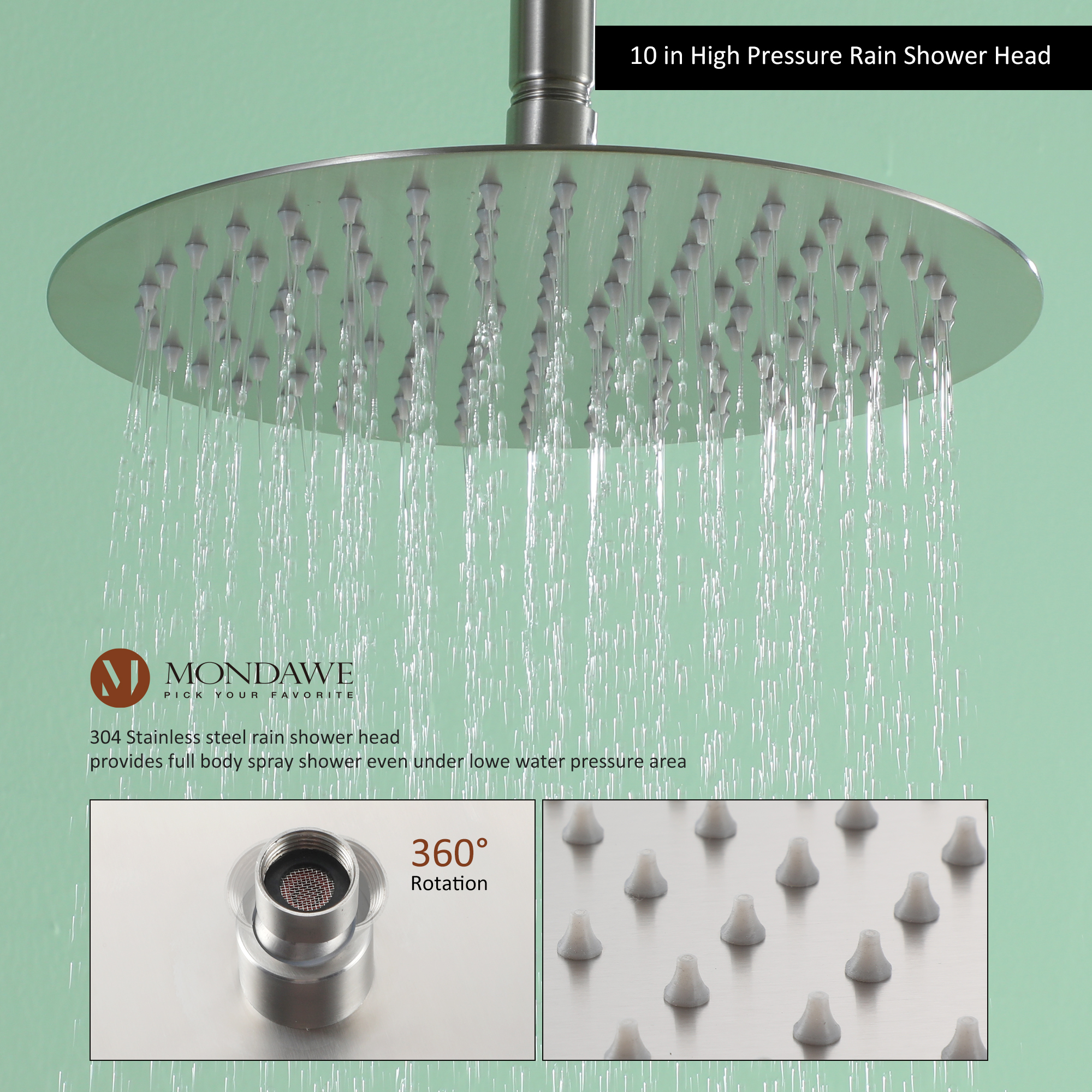 Mondawe 10 Inch Round Bathroom Shower Set in Nickel/Chrome/Black/Gold/Gun Black-Mondawe