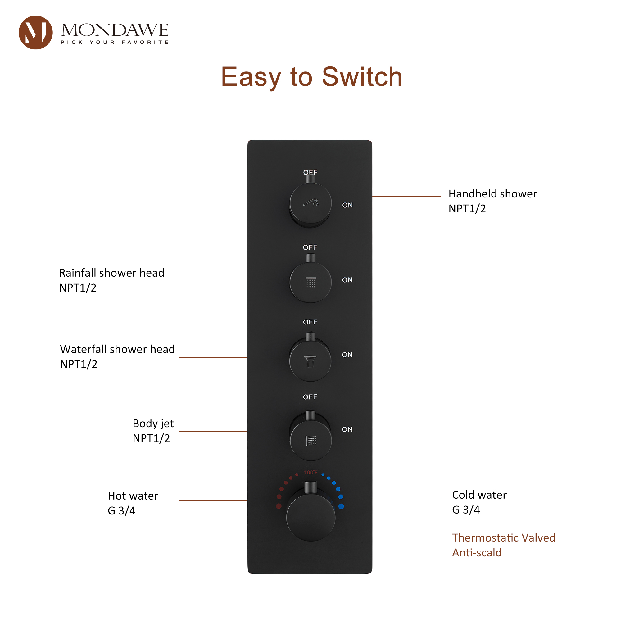 Mondawe 4-Way Shower System with LED and Music Player in Black/Nickel/Gold-Mondawe