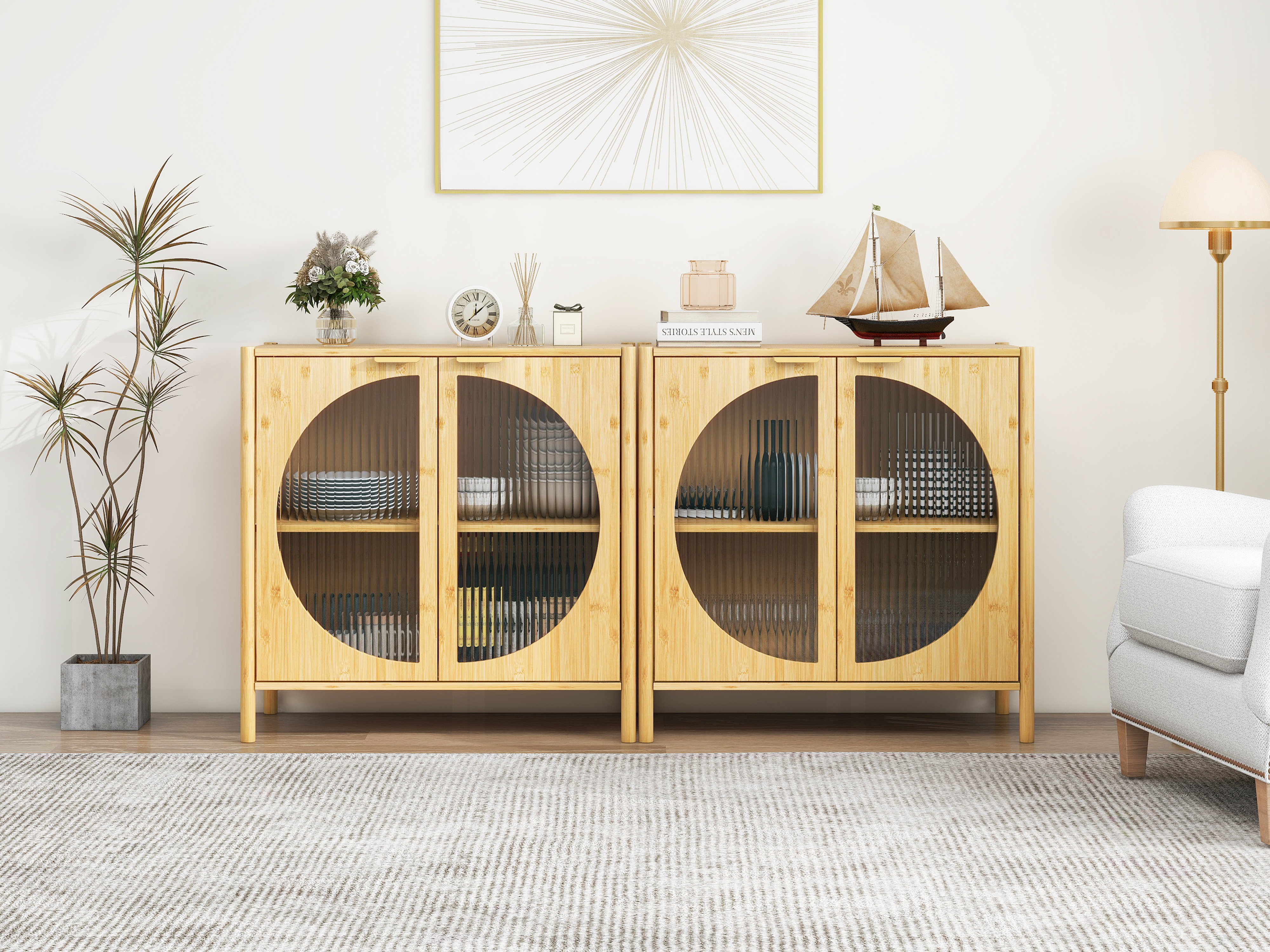 Bamboo 2 door cabinet, Buffet Sideboard Storage Cabinet, Buffet Server Console Table, for Dining Room, Living Room, Kitchen, Hallway 