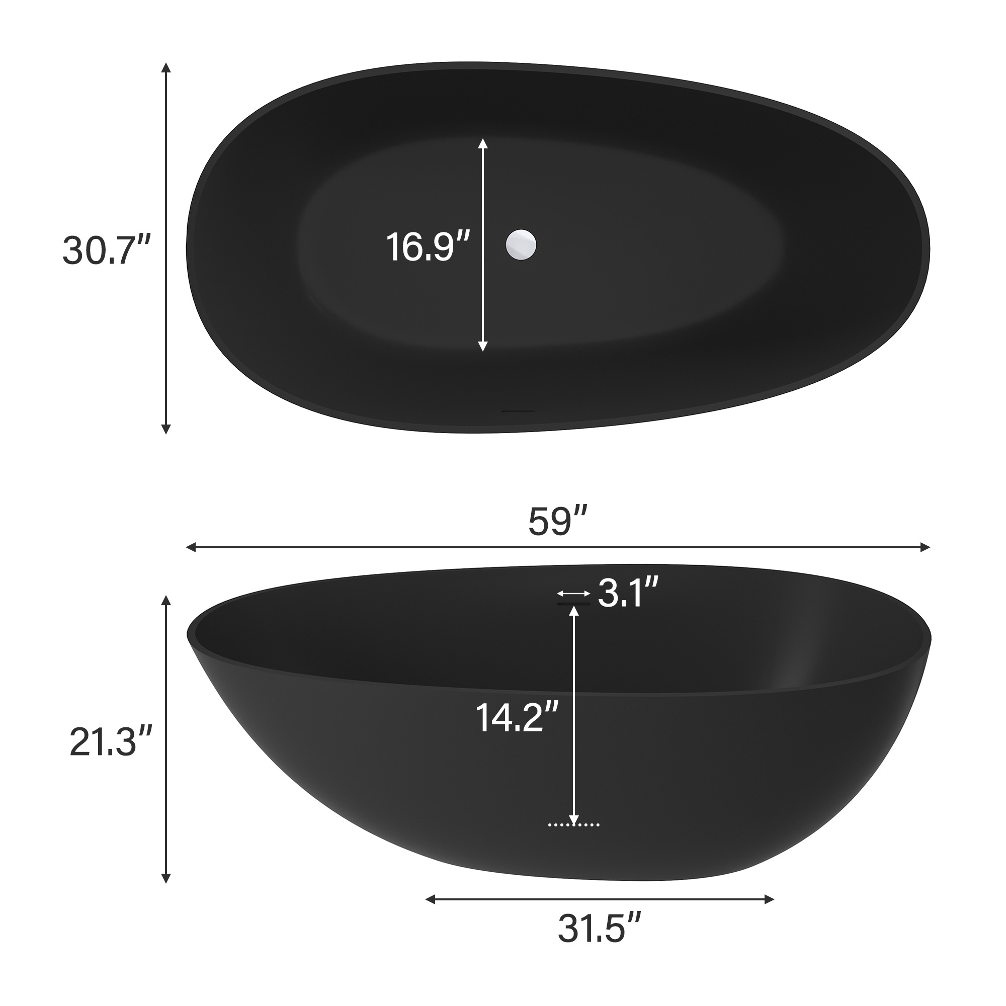 Luxury 59" Solid Surface White Freestanding Soaking Bathtub with Drain