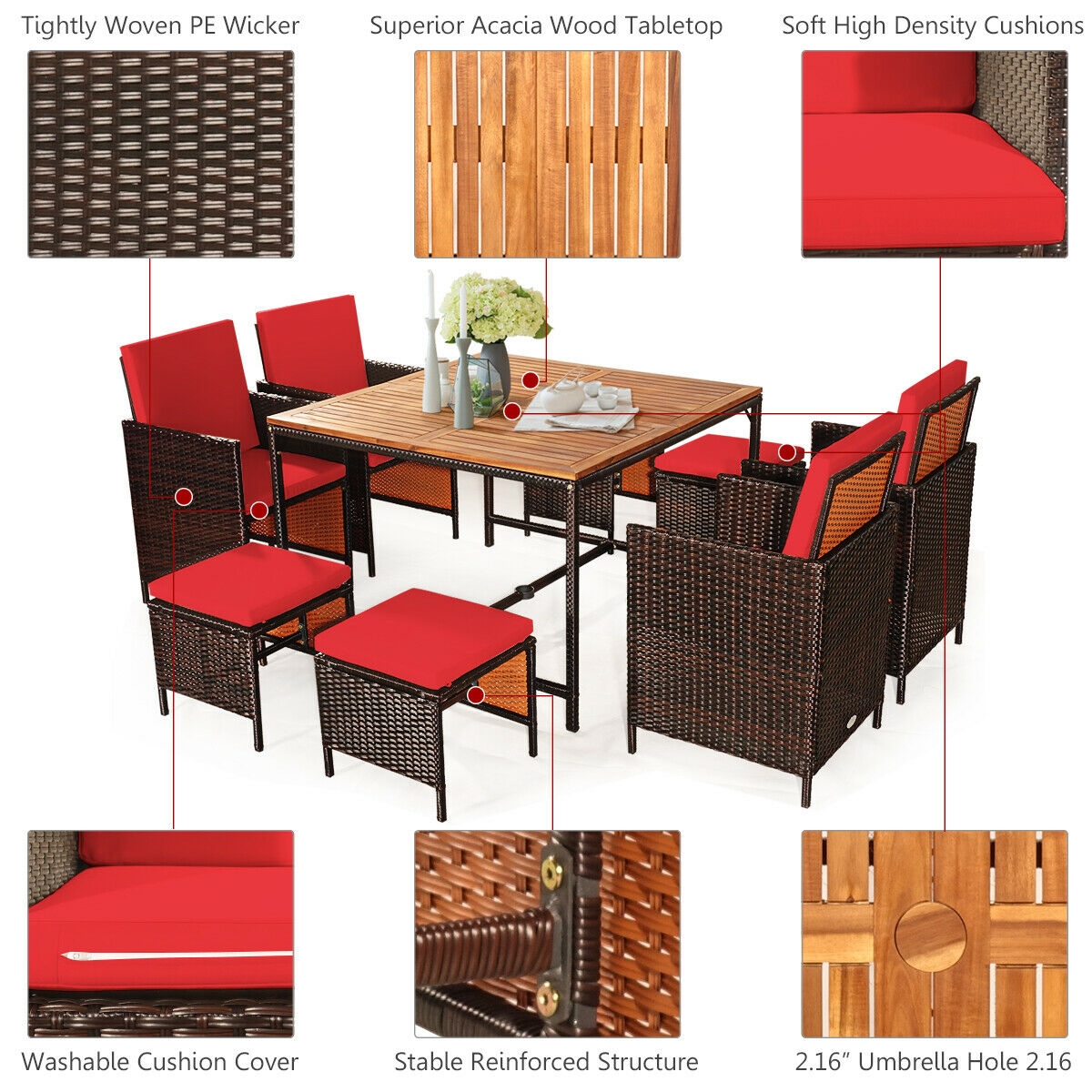 Mondawe 9PCS Patio Rattan Dining Cushioned Chairs Set-Red-Mondawe