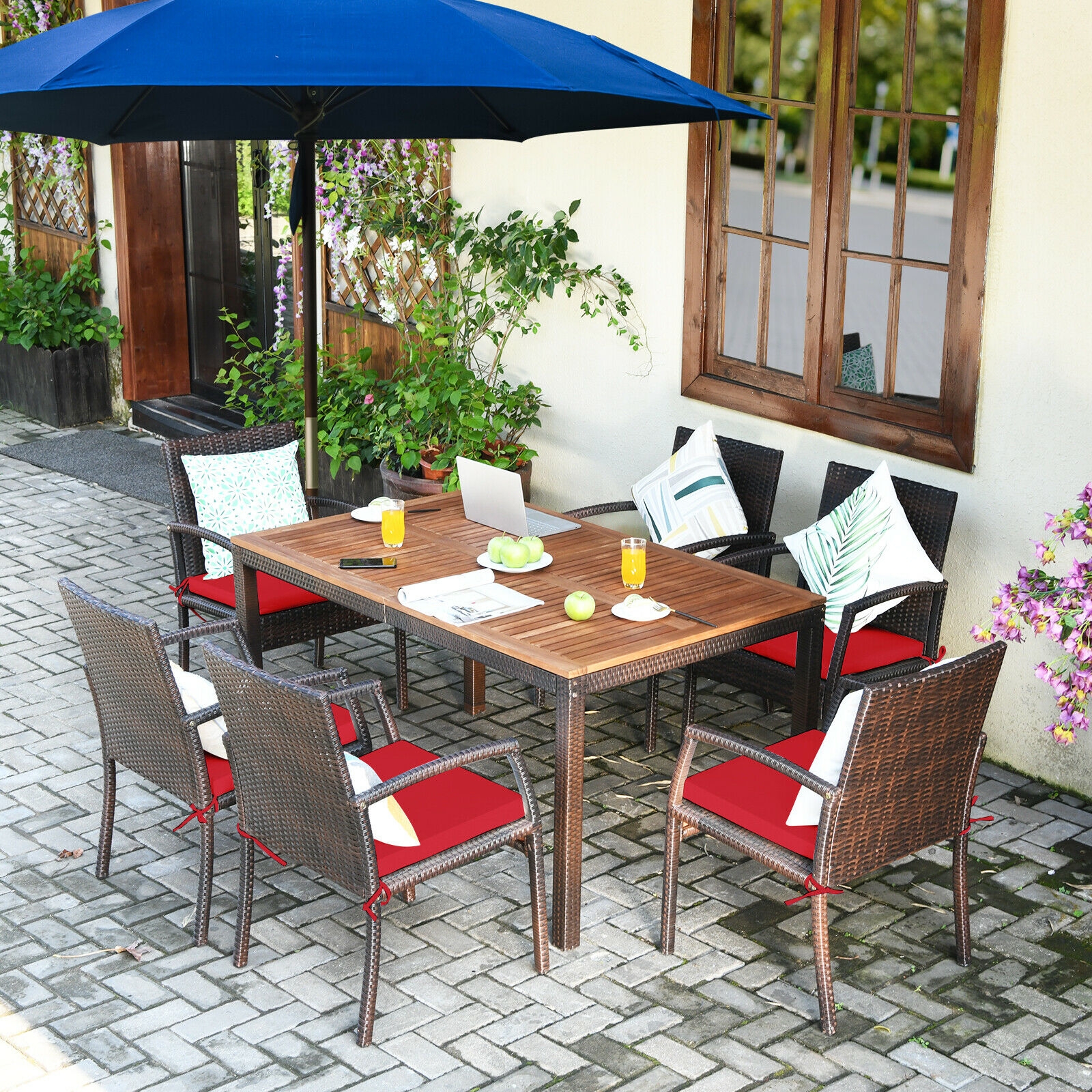 Mondawe 7Pcs Patio Rattan Cushioned Dining Set with Umbrella Hole-Red-Mondawe