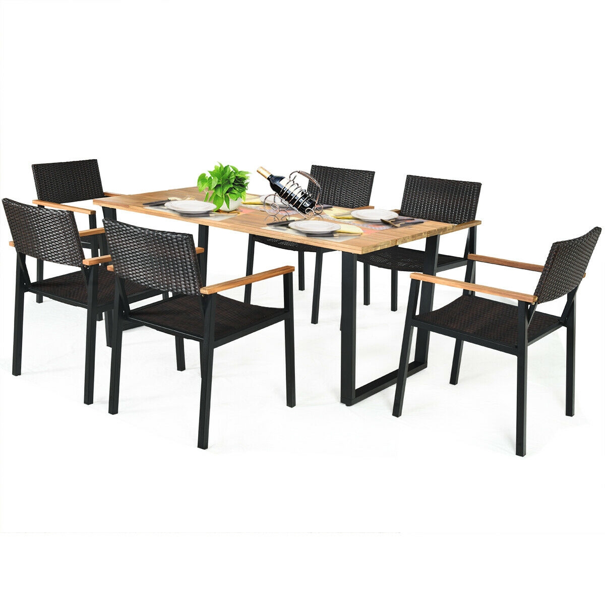 Mondawe 7 Pieces Outdoor Patio Rattan Dining Furniture Table Set with Wicker Chairs-Mondawe