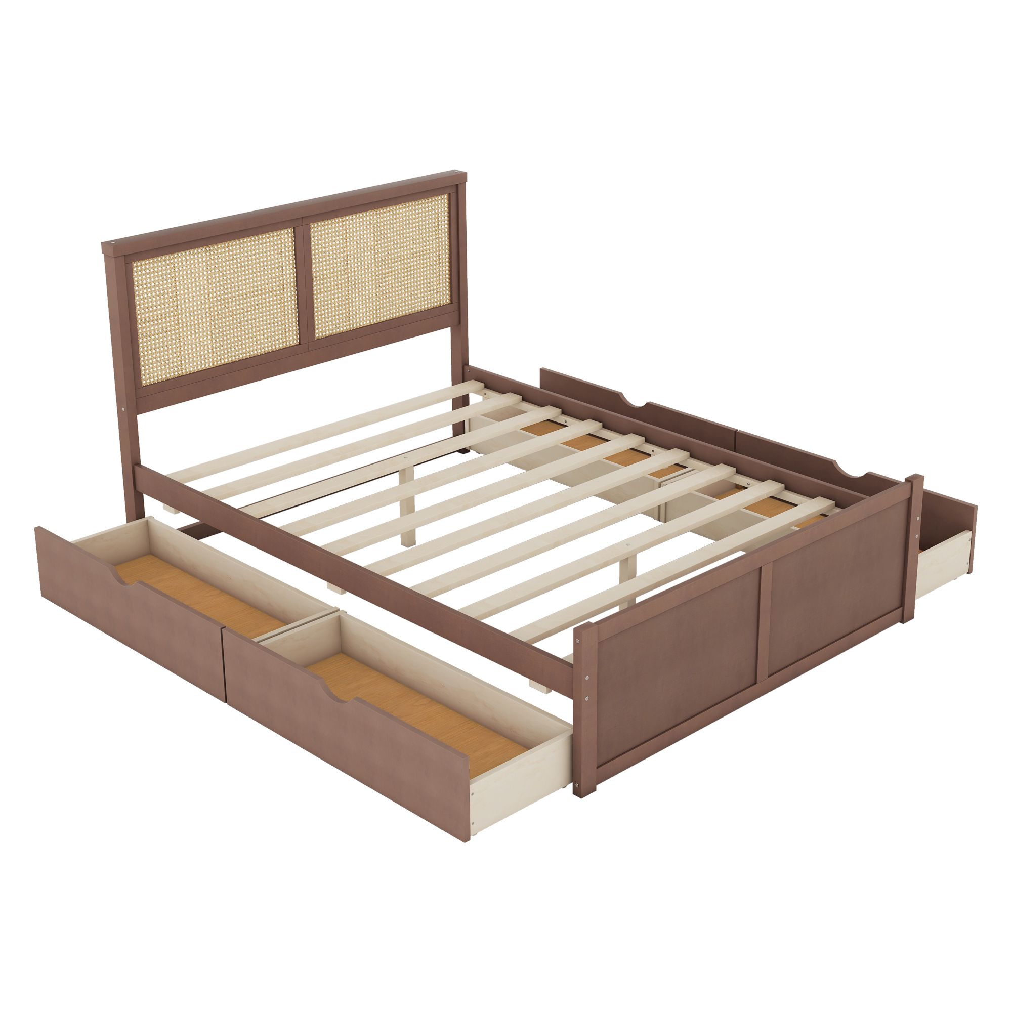 Queen/Full Size Wood Storage Platform Bed with 4 Drawers, Rattan Headboard, Espresso/Nature 
