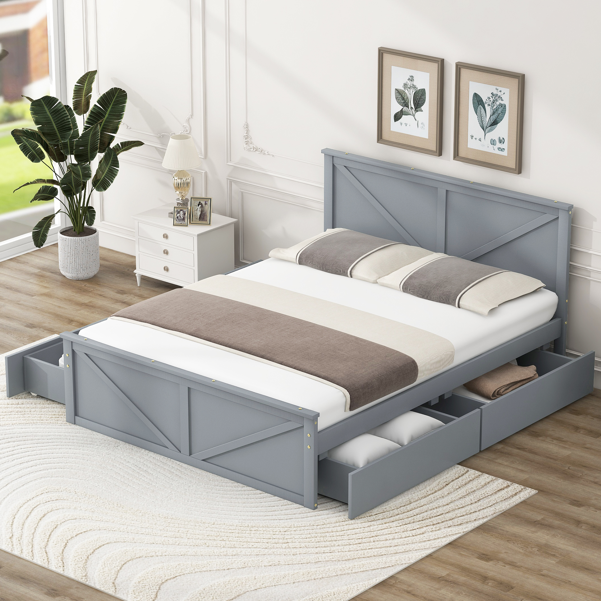 King/Queen Size Wooden Platform Bed with Four Storage Drawers and Support Legs, White/Gray