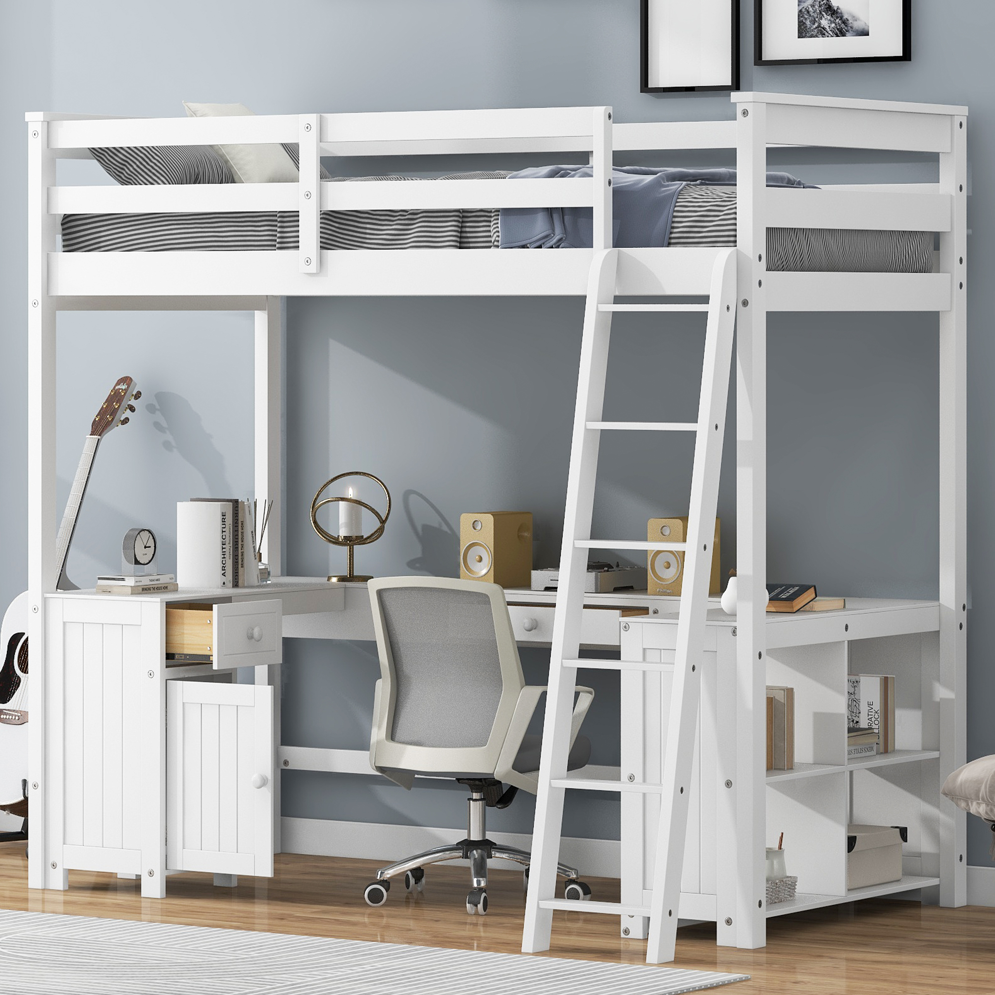 Full/Twin Size Loft Bed with U-shaped Desk, Drawers and Storage Shelves, White/Antique Brown 