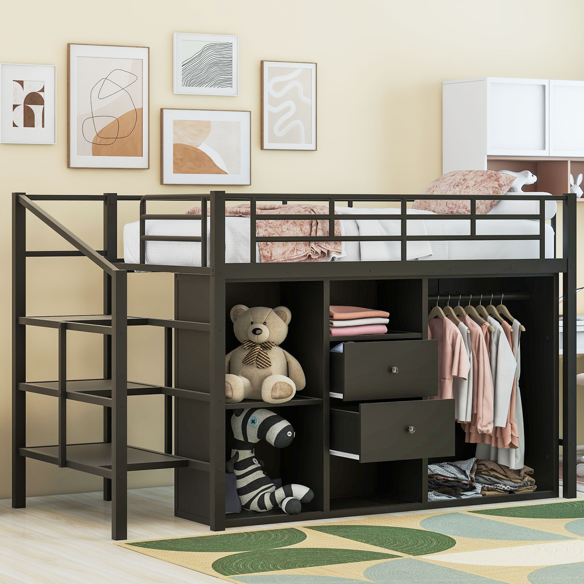 Full/Twin Size Metal Loft Bed with Drawers, Storage Staircase and Small Wardrobe