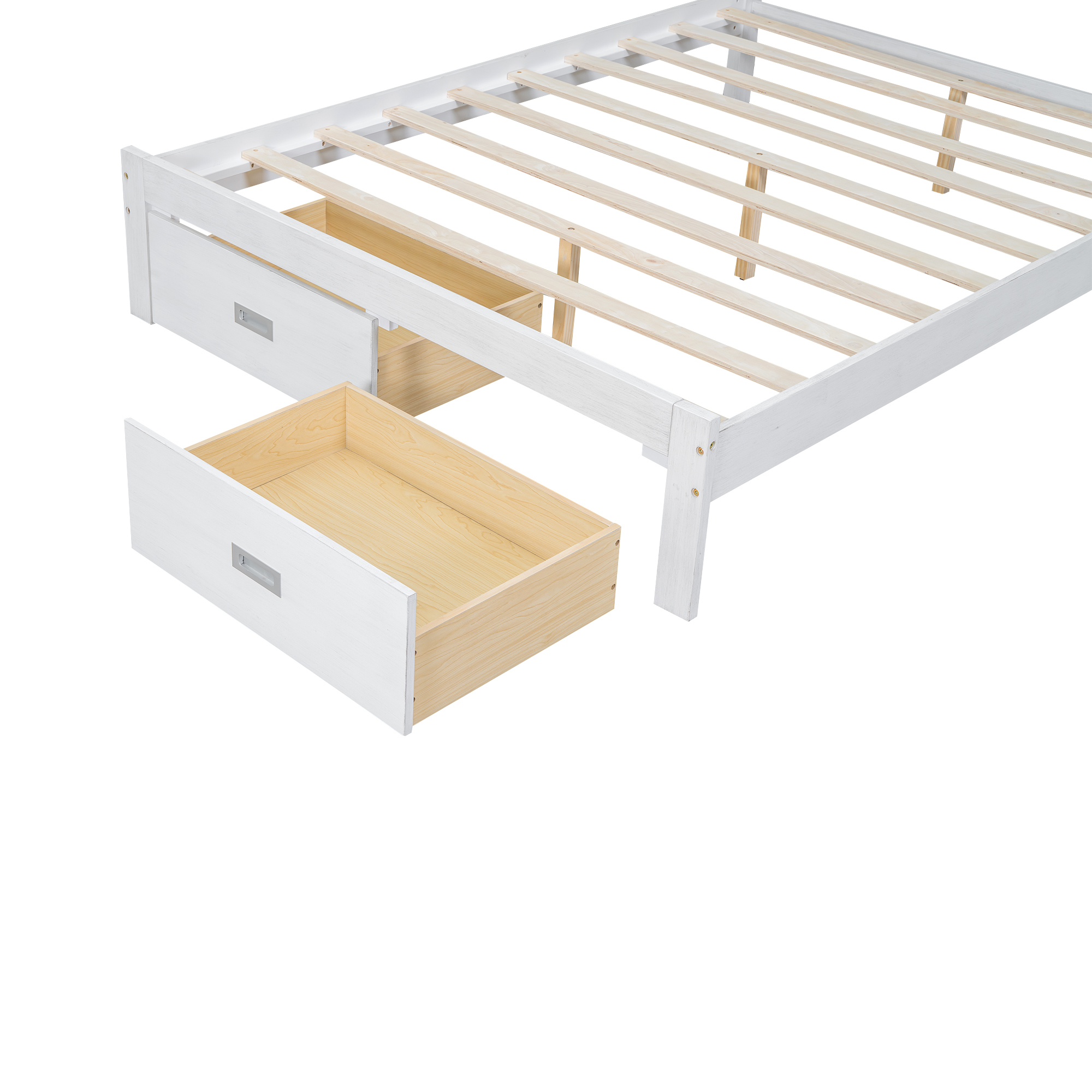 Wood Queen/Full Size Platform Bed with Upholstered Headboard and LED and 2 Drawers, Antique White 