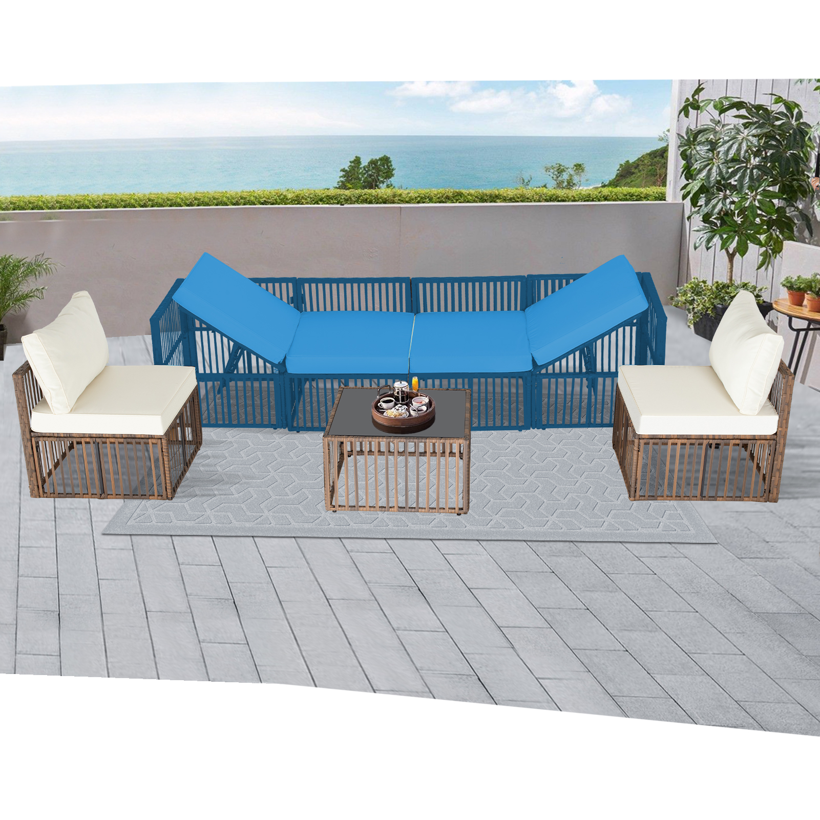 7-Piece Outdoor Patio Furniture Set – PE Rattan Sectional Sofa with Cushions & Coffee Table, All-Weather Wicker, Removable Covers，Gray/Blue/Brown