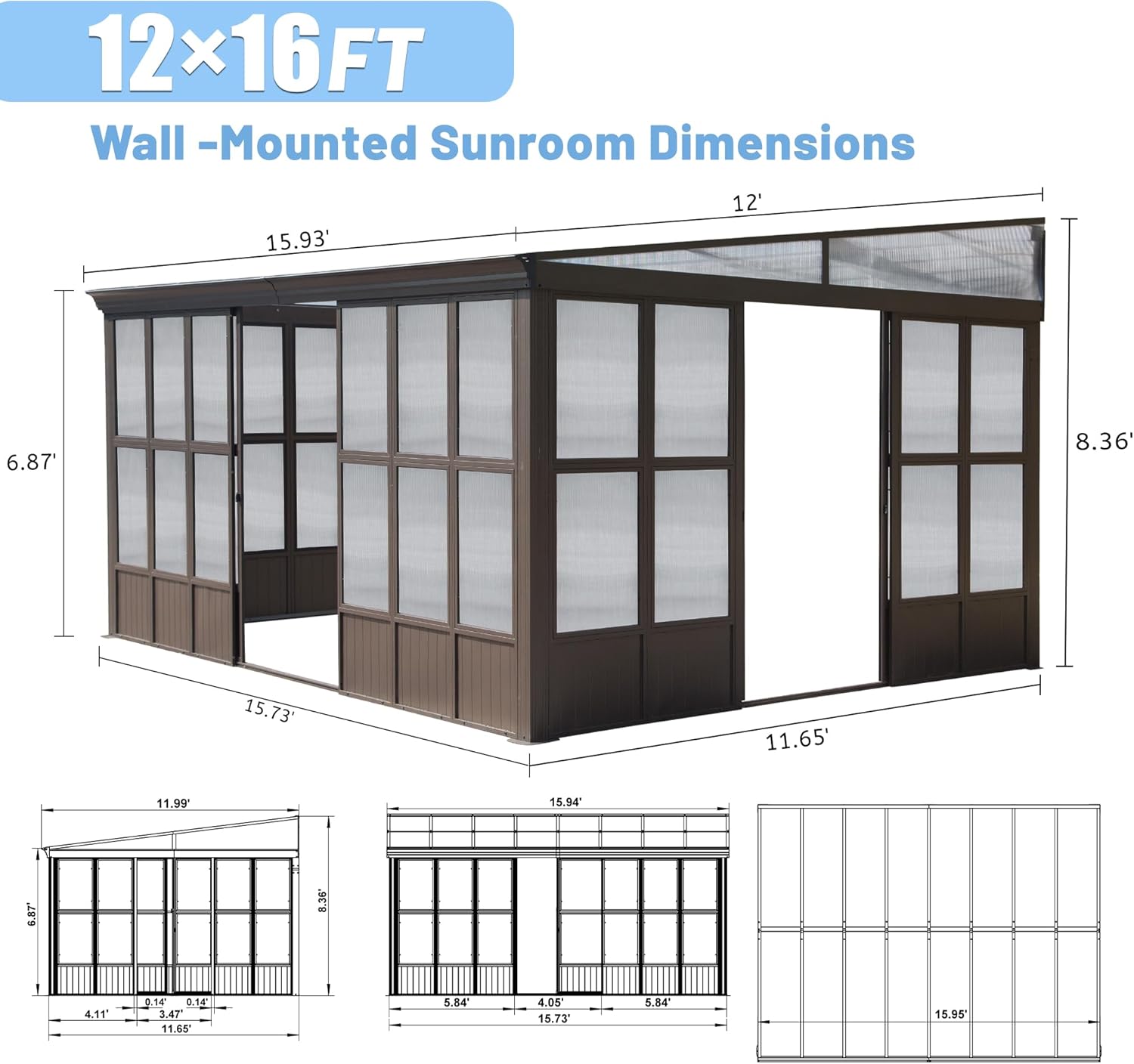 10x12FT All Season Sunroom, Outdoor Permanent Wall Mounted Solarium with Detachable Polycarbonate Windows, Aluminum Lean to Gazebo Sun Room with 2 Lockable Sliding Doors for Garden Patio Deck