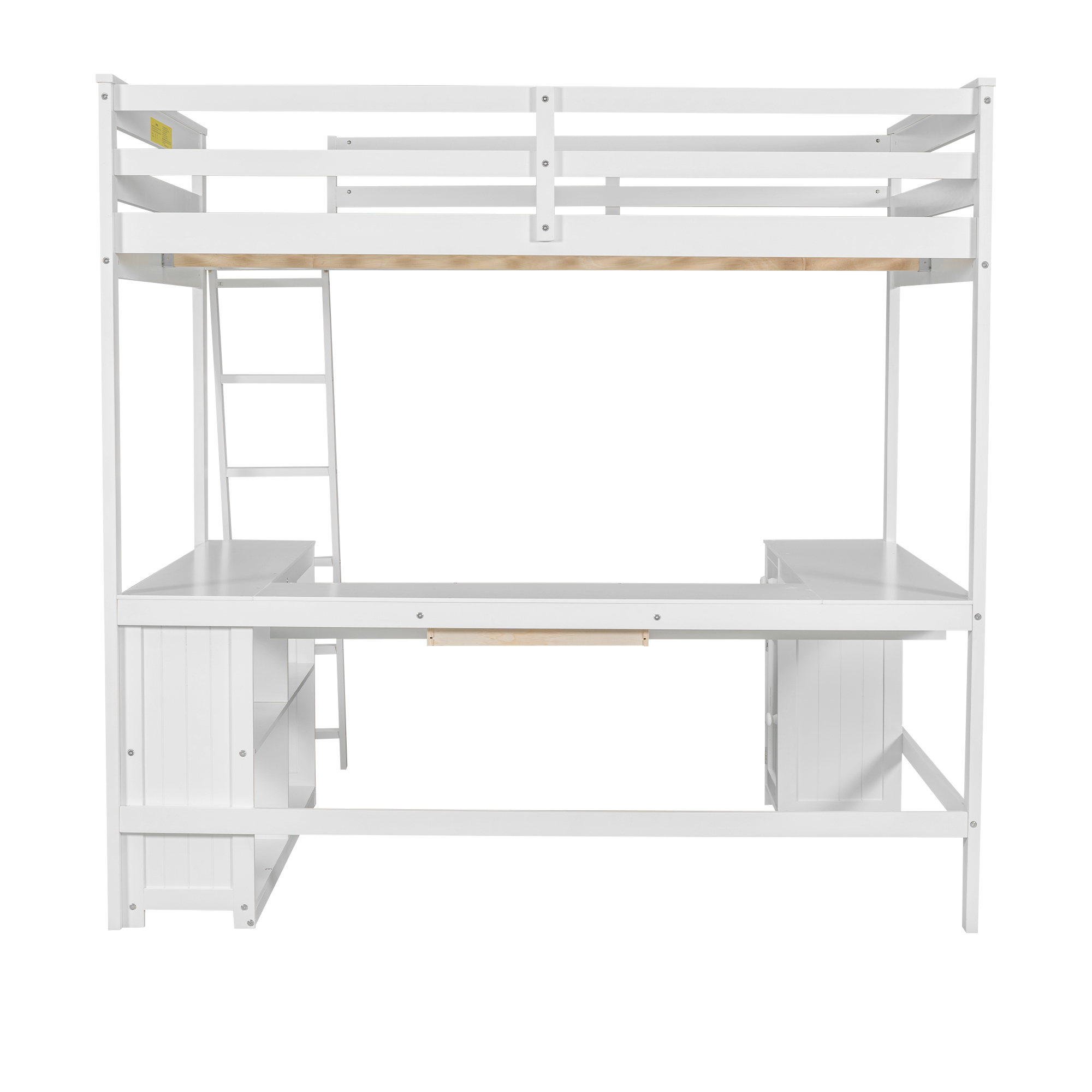 Full/Twin Size Loft Bed with U-shaped Desk, Drawers and Storage Shelves, White/Antique Brown 