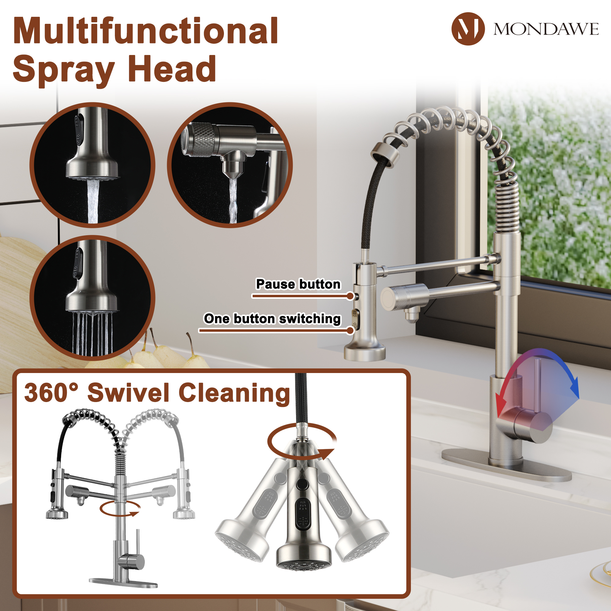 Mondawe 1.8 gpm Lead-Free Copper Brass Single Handle Pull Down Kitchen Faucet for Bar Laundry Kitchen Sink-Mondawe