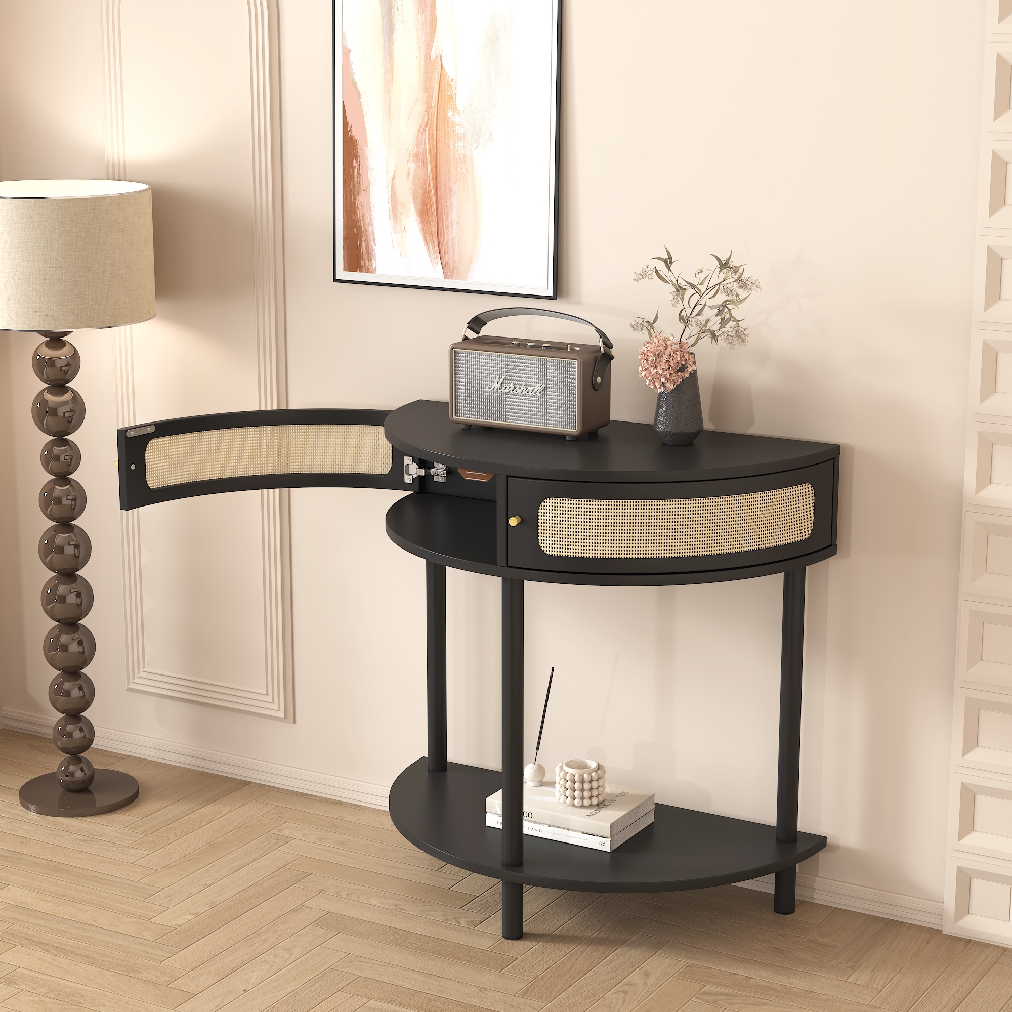 Unique Half Moon Design End Table with Sliding Rattan Door,Elegant Semi-circle Entryway Console Table with 2 Rattan Storage Cabinet and Bottom Shelf for Living room, Bedroom, Study, Hallway 