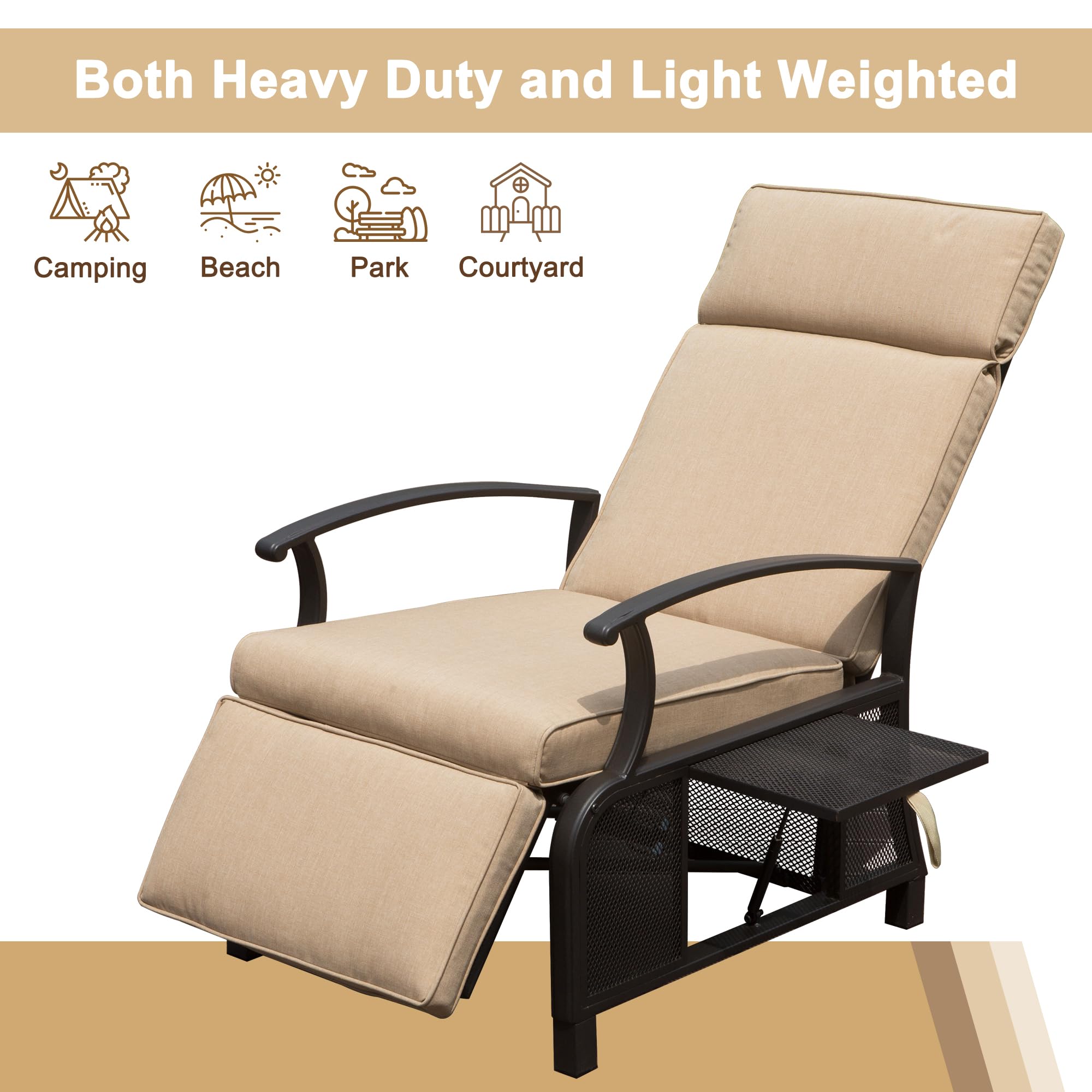 Adjustable Patio Recliner Chair Metal Outdoor Lounge Chair with Flip Table Push Back, Adjustable Angle, 6.8'' Removable Cushions, Support 350lbs, Beige/Gray/Navy Blue