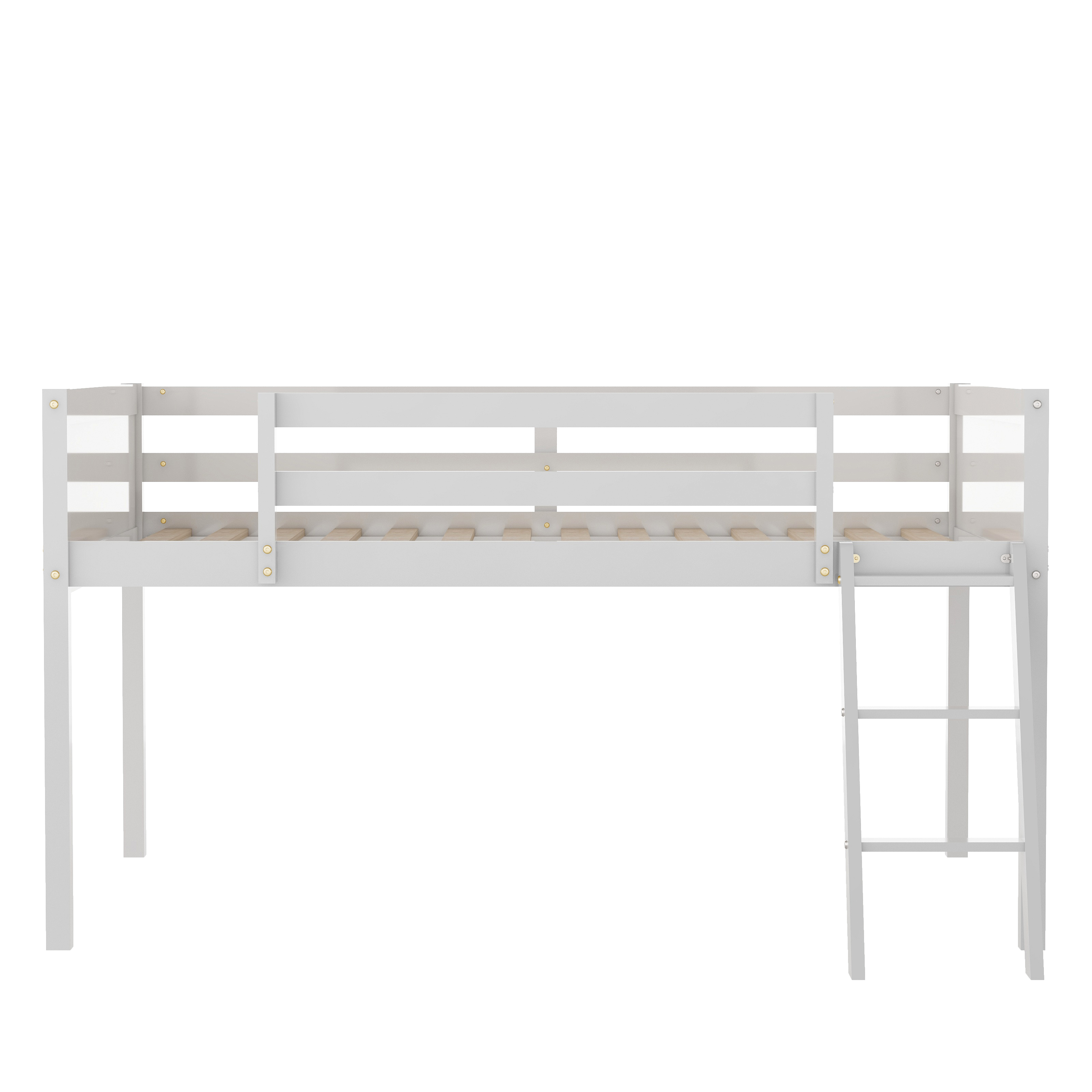 Full Size Wood Low Loft Bed with Ladder, ladder can be placed on the left or right, Gray/White