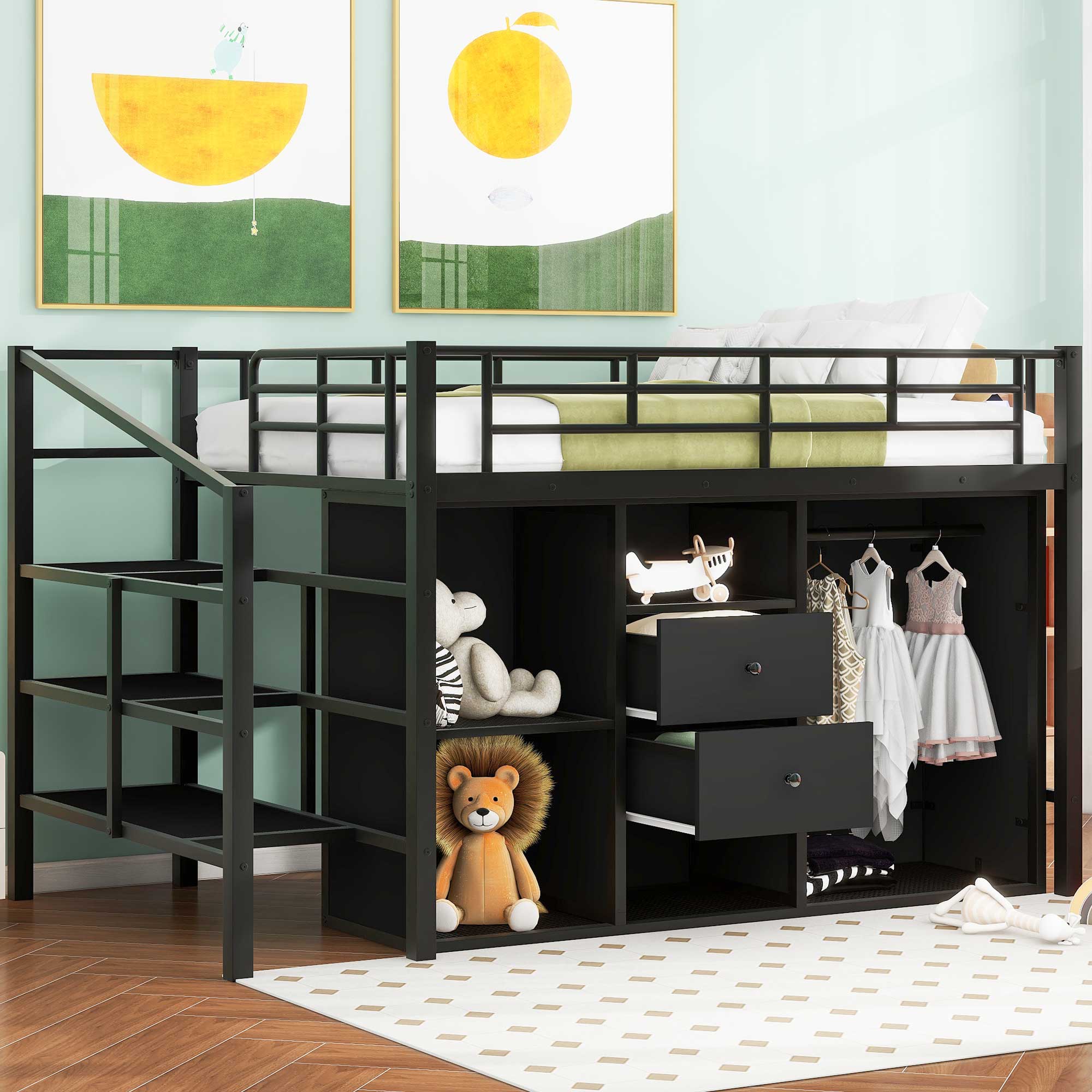 Full/Twin Size Metal Loft Bed with Drawers, Storage Staircase and Small Wardrobe