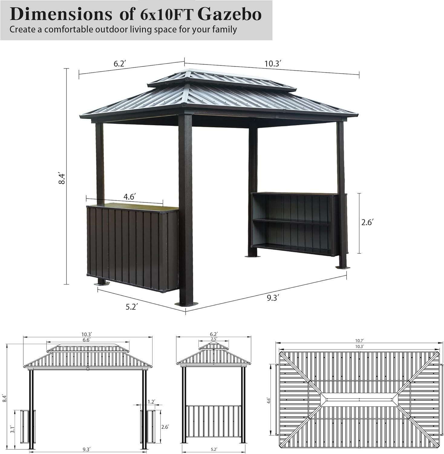 Hardtop Grill Gazebo, Outdoor BBQ Gazebo with 2 Side Shelves and Sloping Galvanized Steel Roof, Metal Permanent Grill Canopy with Ceiling Hooks for Patio, Lawn, Backyard, Deck
