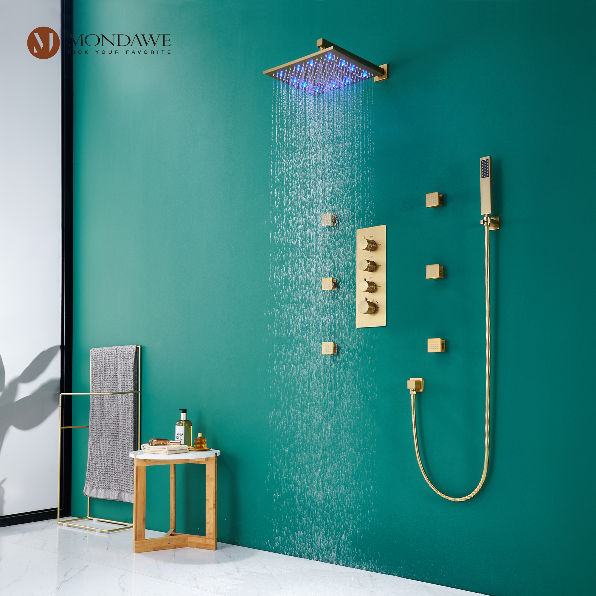 Mondawe Luxury Wall Mount Rain Shower Head with 6 Shower Jet and LED 3-Spray Patterns Thermostatic 12 in. -Mondawe