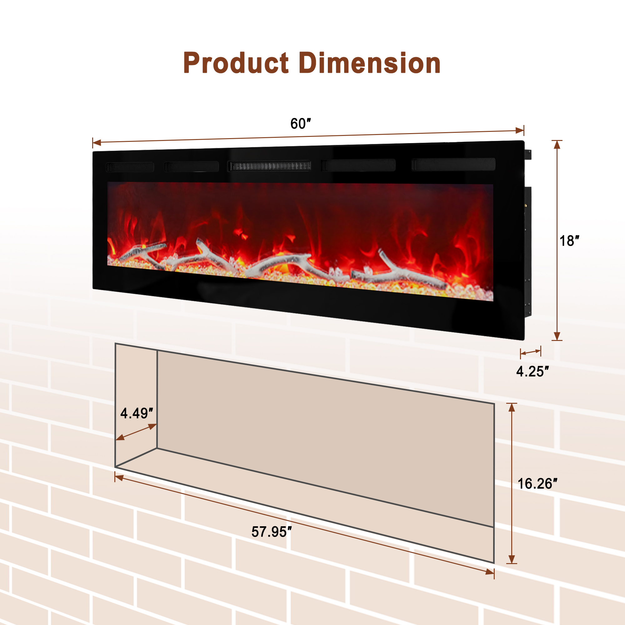 36/42/60/72 in. 4780 BTU Recessed/Wall-mounted Electric Fireplace