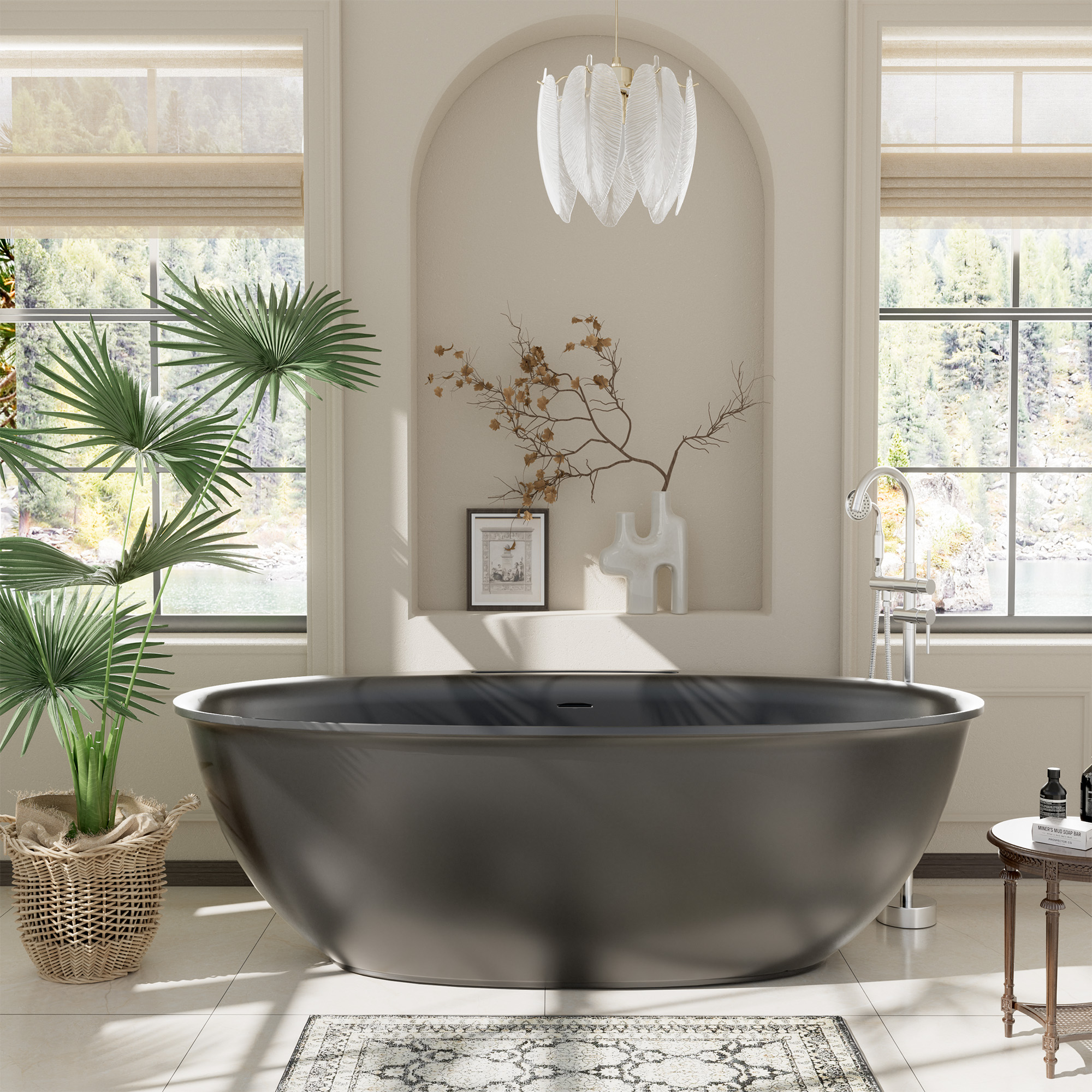 63" Free Standing Tub Stone Resin Freestanding Bathtub Matte White Solid Surface Soaking Tub with Drain, Drain Hose & Sanding Paper