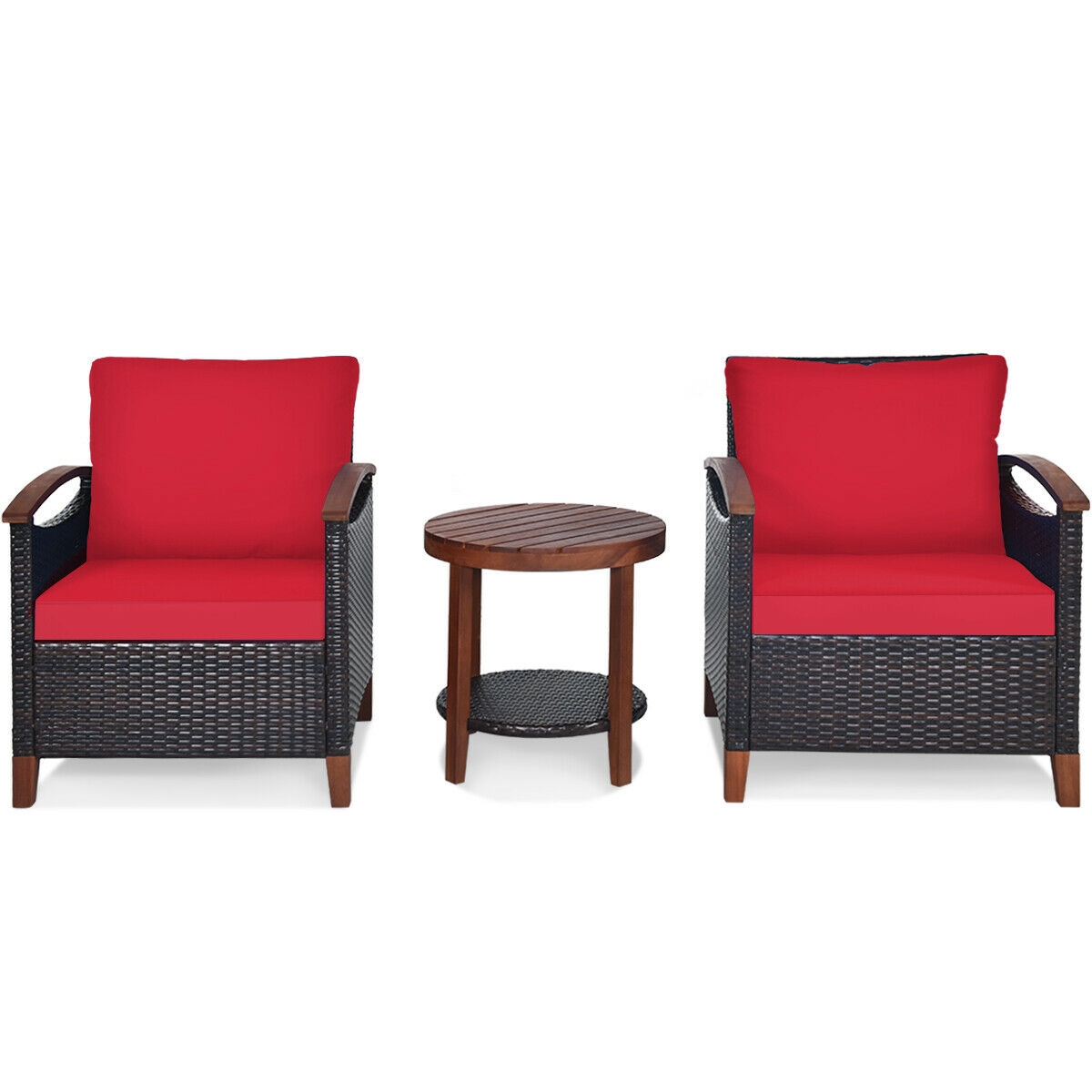 Mondawe 3 Pcs Solid Wood Frame Patio Rattan Furniture Set-Red-Mondawe
