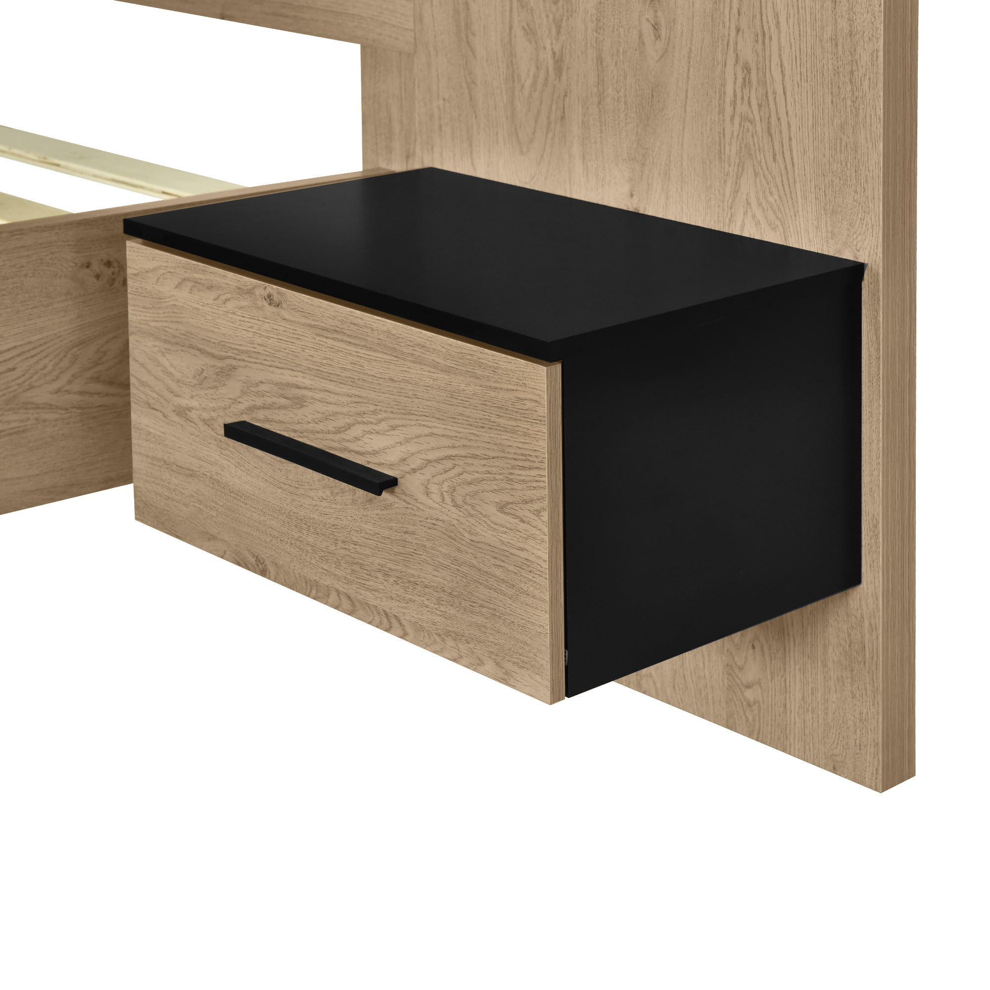 Queen Size Wood Platform Bed with Upholstered Headboard, Lights and Storage Nightstand, Bench, Walnut 