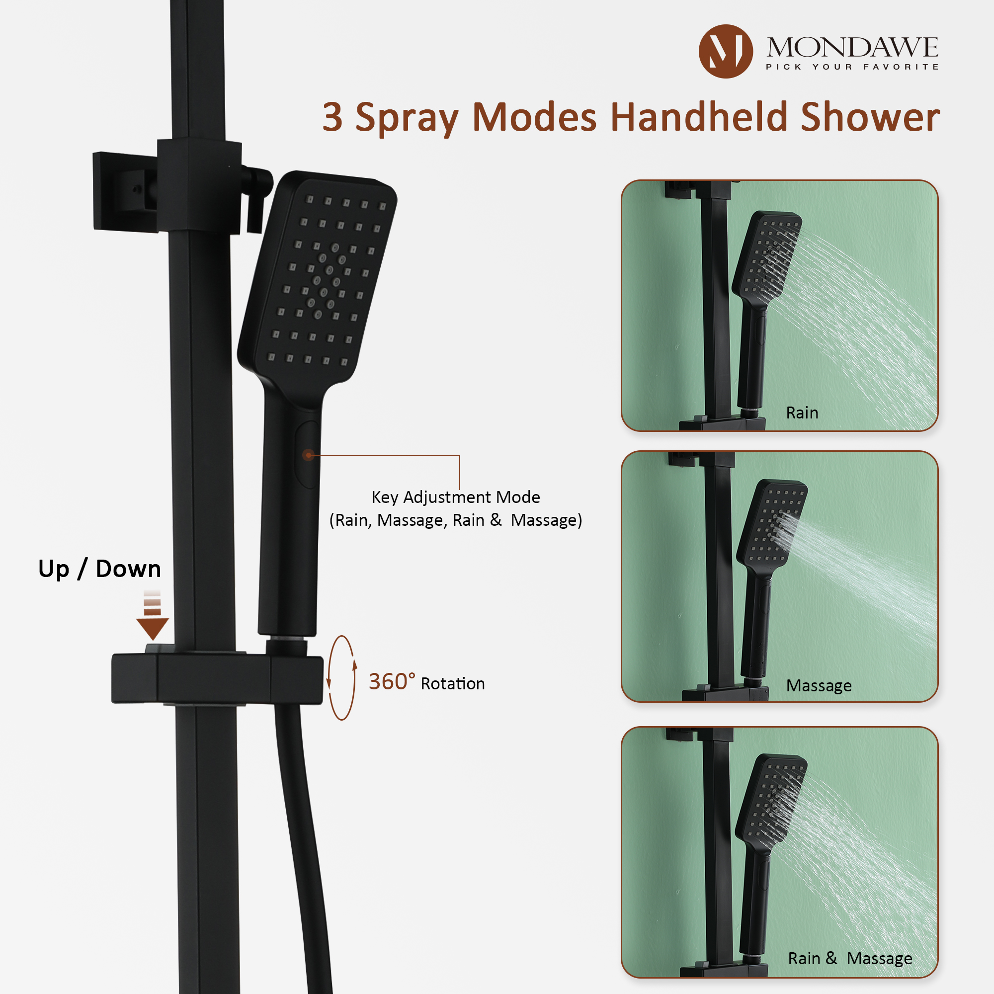 Mondawe Stainless Steel Thermostatic Shower Bar System in Black/Chrome(Square)-Mondawe