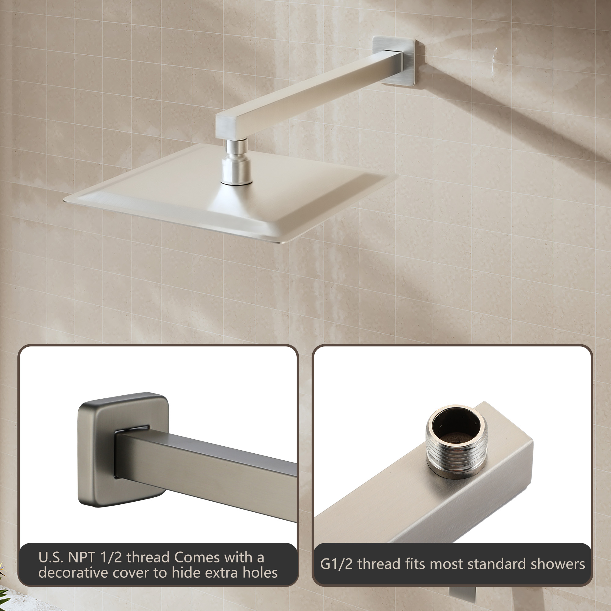 15.75" Stainless Steel Wall Mounted Square Shower Arm with Flange for Rain Shower Head in Brushed Nickel/Matte Black