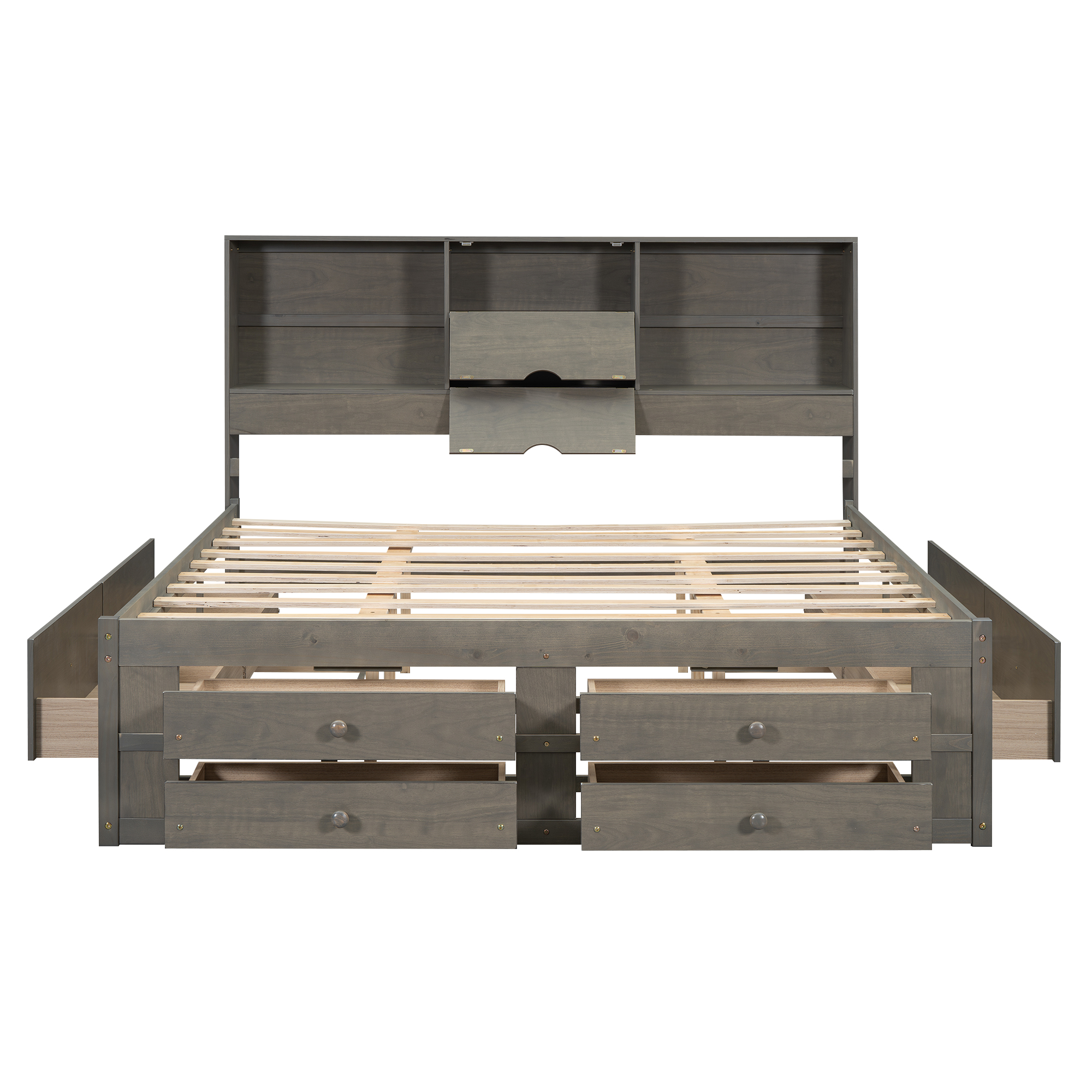 Queen/King Size Platform Bed with Storage Headboard and 8 Drawers, White/Gray