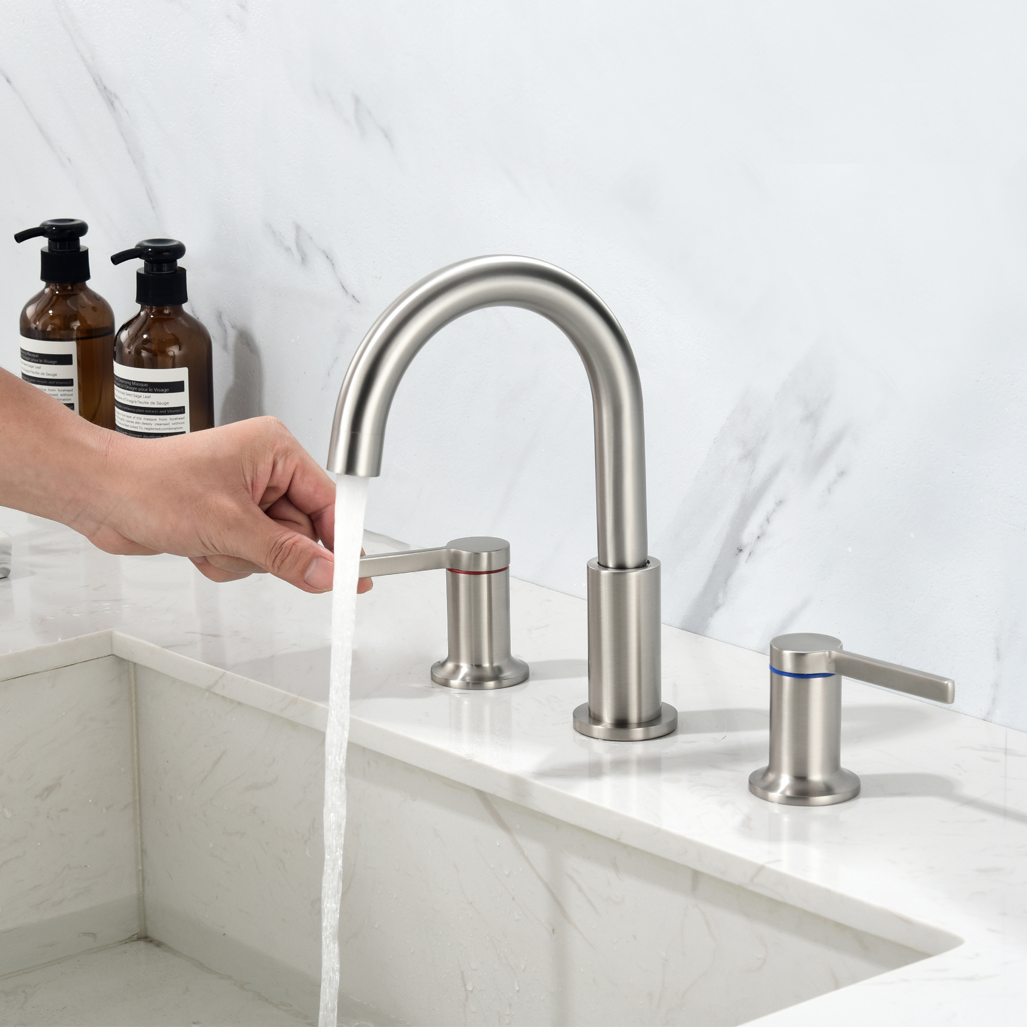 Mondawe Double Handle 8 Inch Brass 3 Hole Widespread Bathroom Sink Faucet in Black/Gold/Nickel-Mondawe