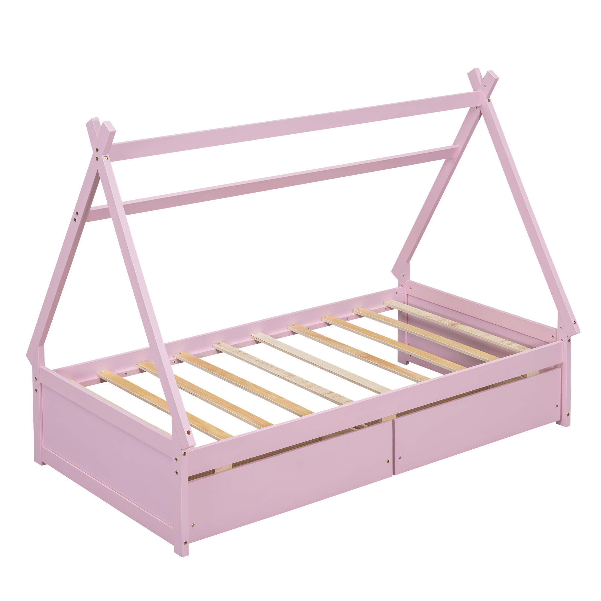 Twin Size House Platform Bed with Two Drawers,Headboard and Footboard, White/Pink 