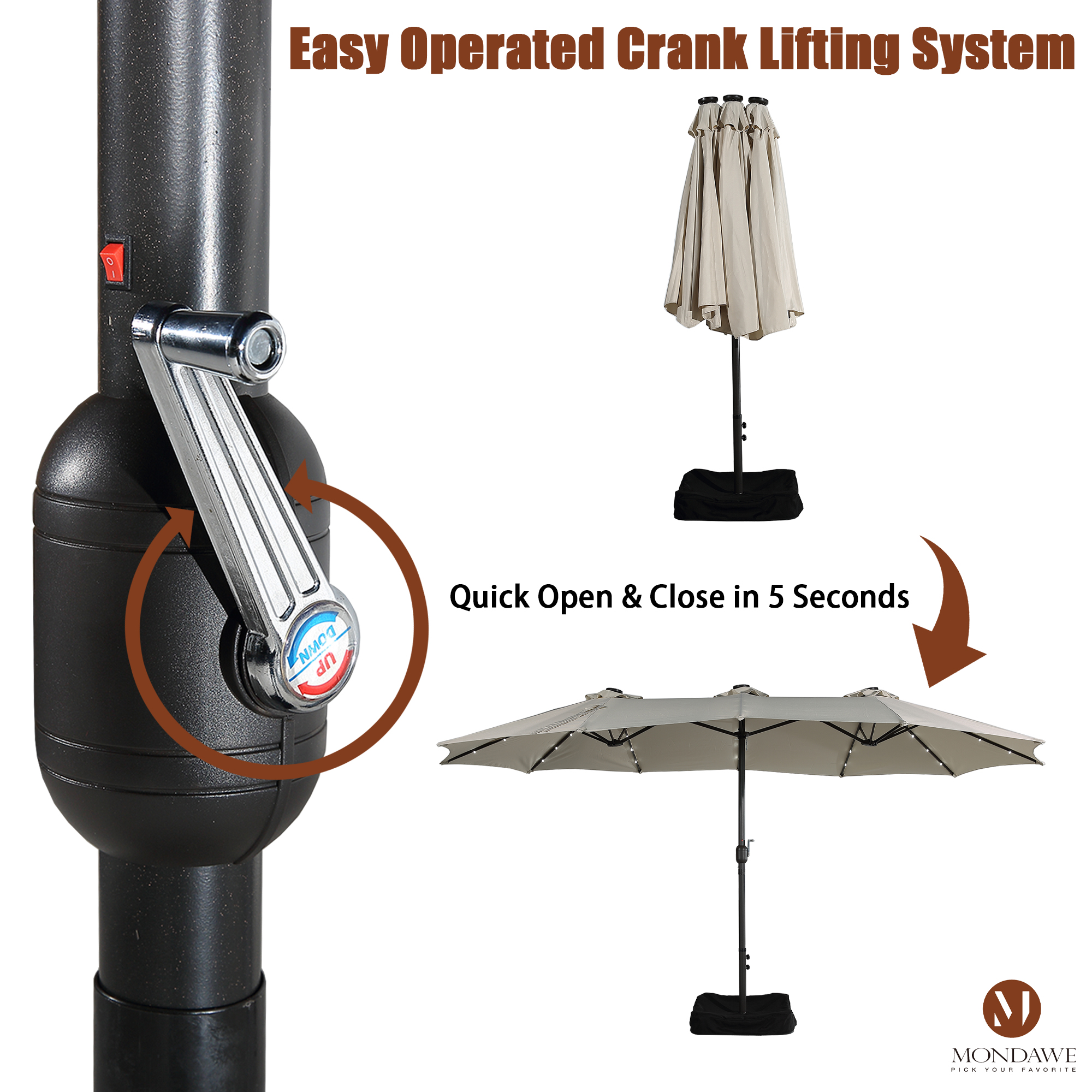 Mondawe 15ft Rectangular Patio Umbrella with Base and LED Lights-Mondawe