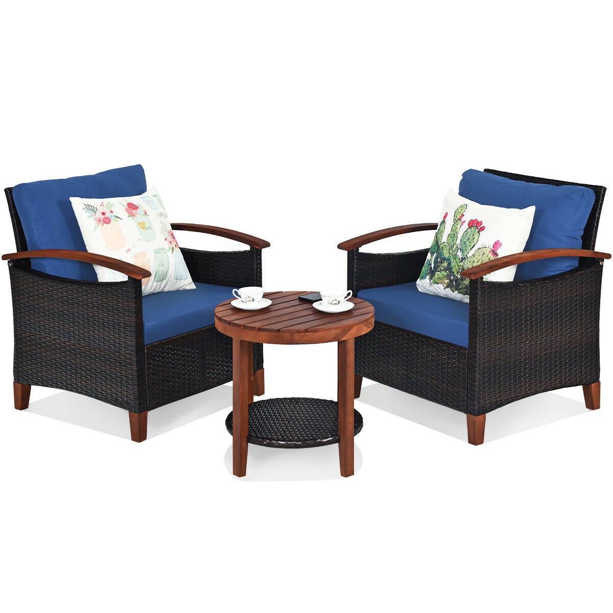 Mondawe 3 PCS Solid Wood Frame Patio Rattan Furniture Set-Mondawe