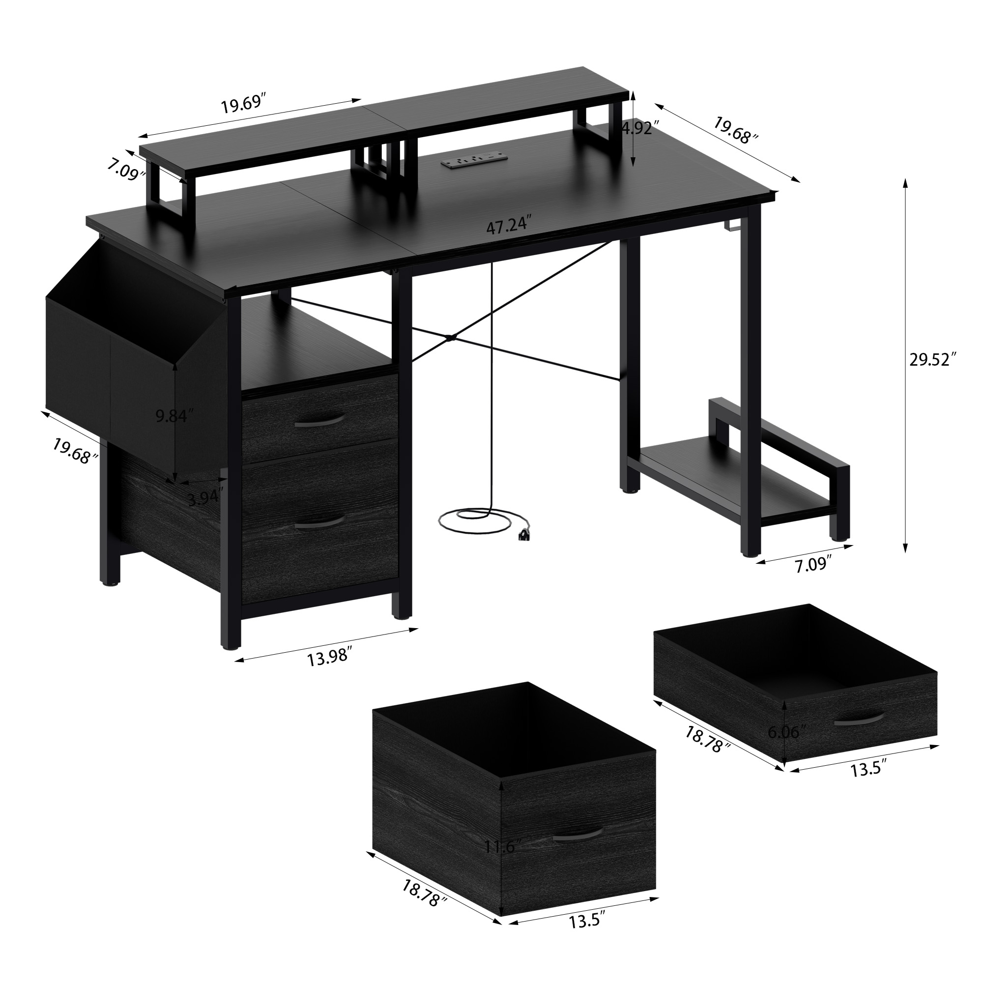 47.3" Computer Desk with power outlet,Monitor Stands,Shelves, Office Desk/Writing Table/Gaming desk With drawers,Large Side Pocket and Hooks,Easy to Assemble,Frame stability Reversible,Black
