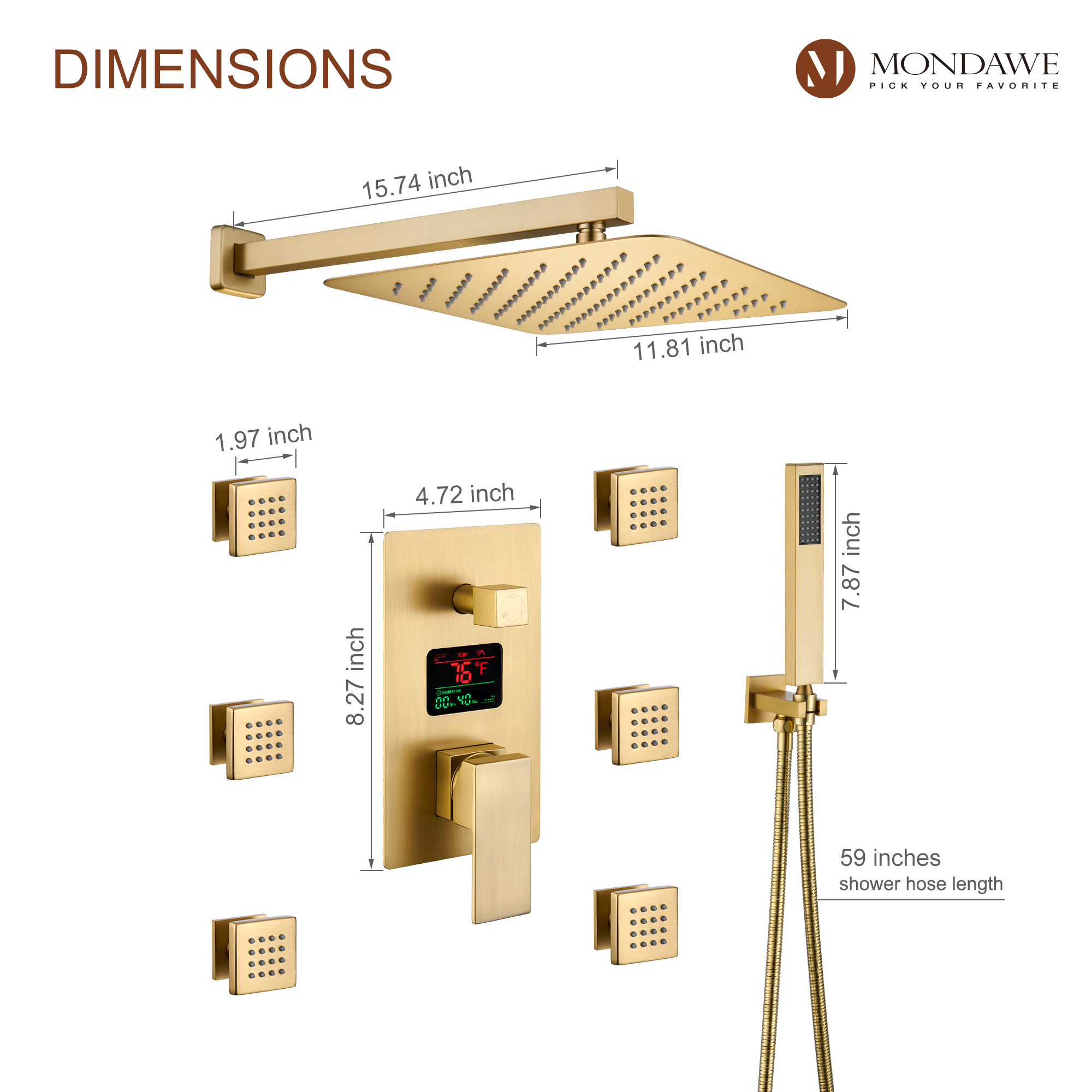 Mondawe Wall Mount Pressure Balanced Rain Shower Head System with Body Sprayers Handheld Shower and Digital Display-Mondawe