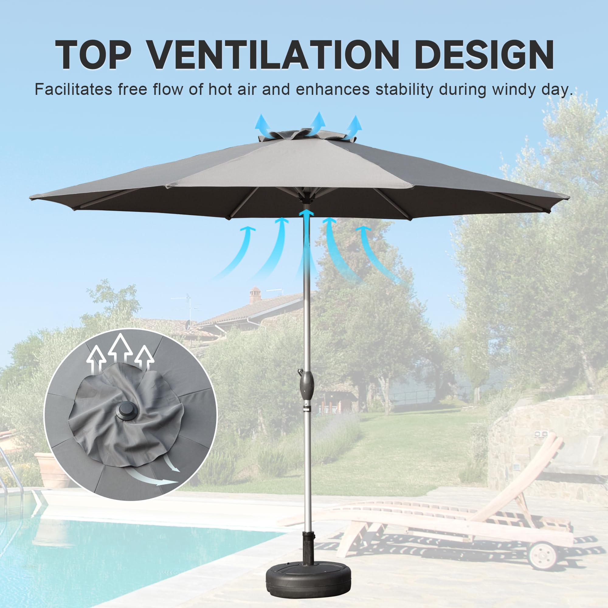 9FT Patio Umbrella, Outdoor Table Umbrella with Push Button Tilt and Crank, UV Protection Waterproof Market Sun Umbrella with 8 Sturdy Ribs for Garden, Deck, Backyard, Pool (Navy Blue/Brick red/Beige/Gray)