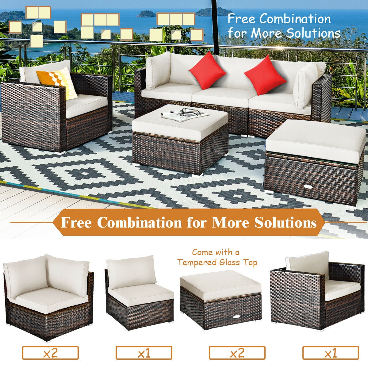 Mondawe 6 Pcs Patio Rattan Furniture Set with Sectional Cushion-White-Mondawe