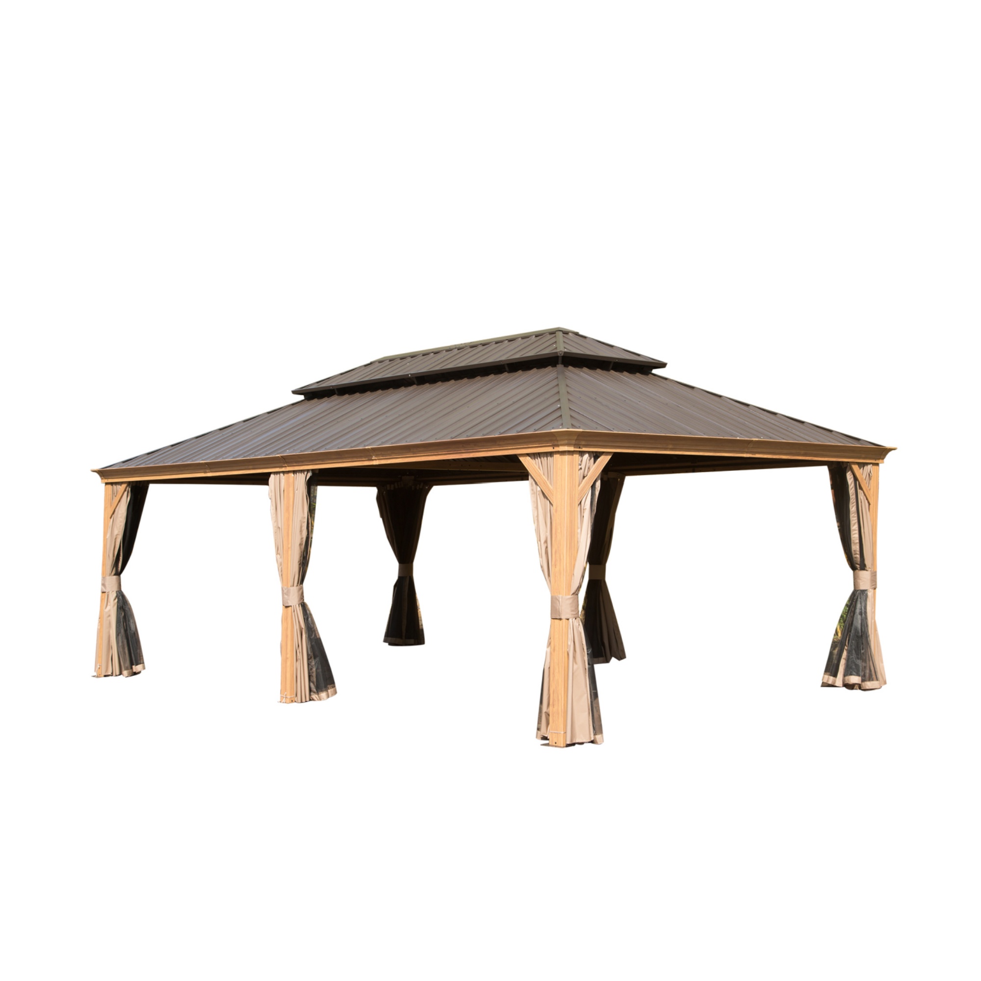 14x22FT Hardtop Gazebo, Outdoor Gazebo with Galvanized Steel Double Roof, Aluminum Frame, Built-in Gutter System, Curtain and Netting, Metal Gazebo Pavilion for Patio Deck Garden, Brown/Grey/Wood-Looking