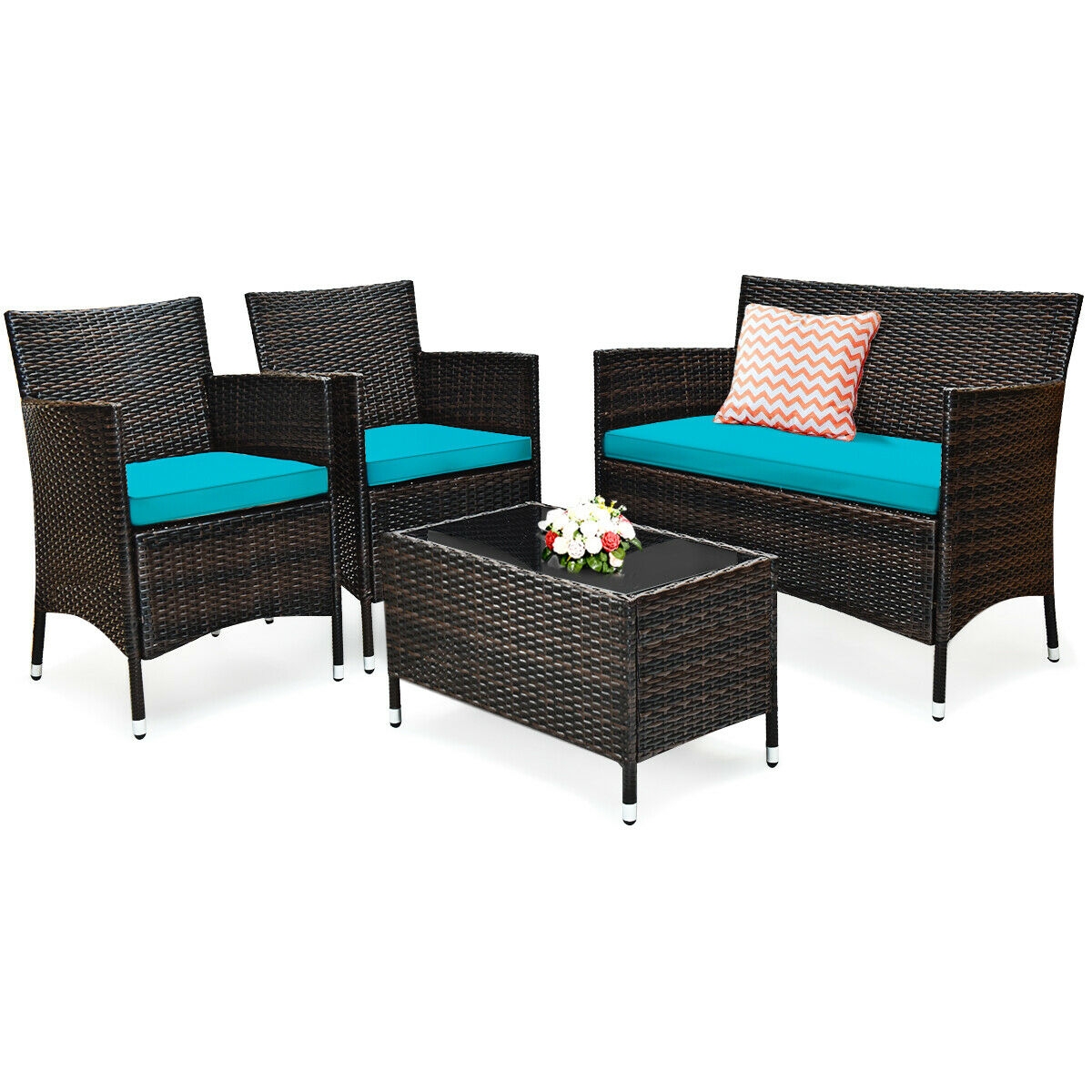Mondawe 4 Pcs Rattan Outdoor Patio Conversation Furniture Set with Glass Table and Comfortable Wicker Sectional Sofa-Mondawe