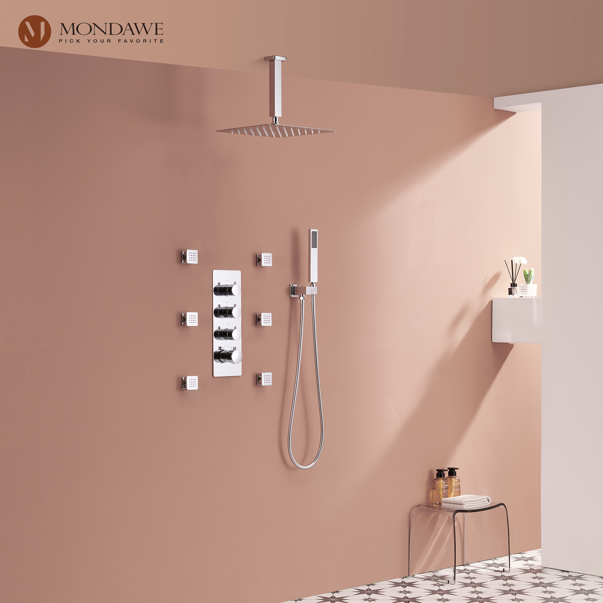 Mondawe Ceiling Mount Thermostatic Rainfall Shower System Set with Hand Held Shower Head and 6 Body Jets-Mondawe