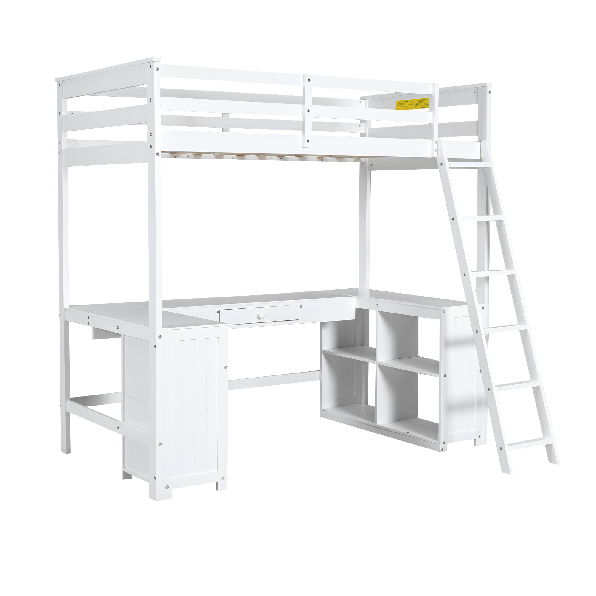 Full/Twin Size Loft Bed with U-shaped Desk, Drawers and Storage Shelves, White/Antique Brown 