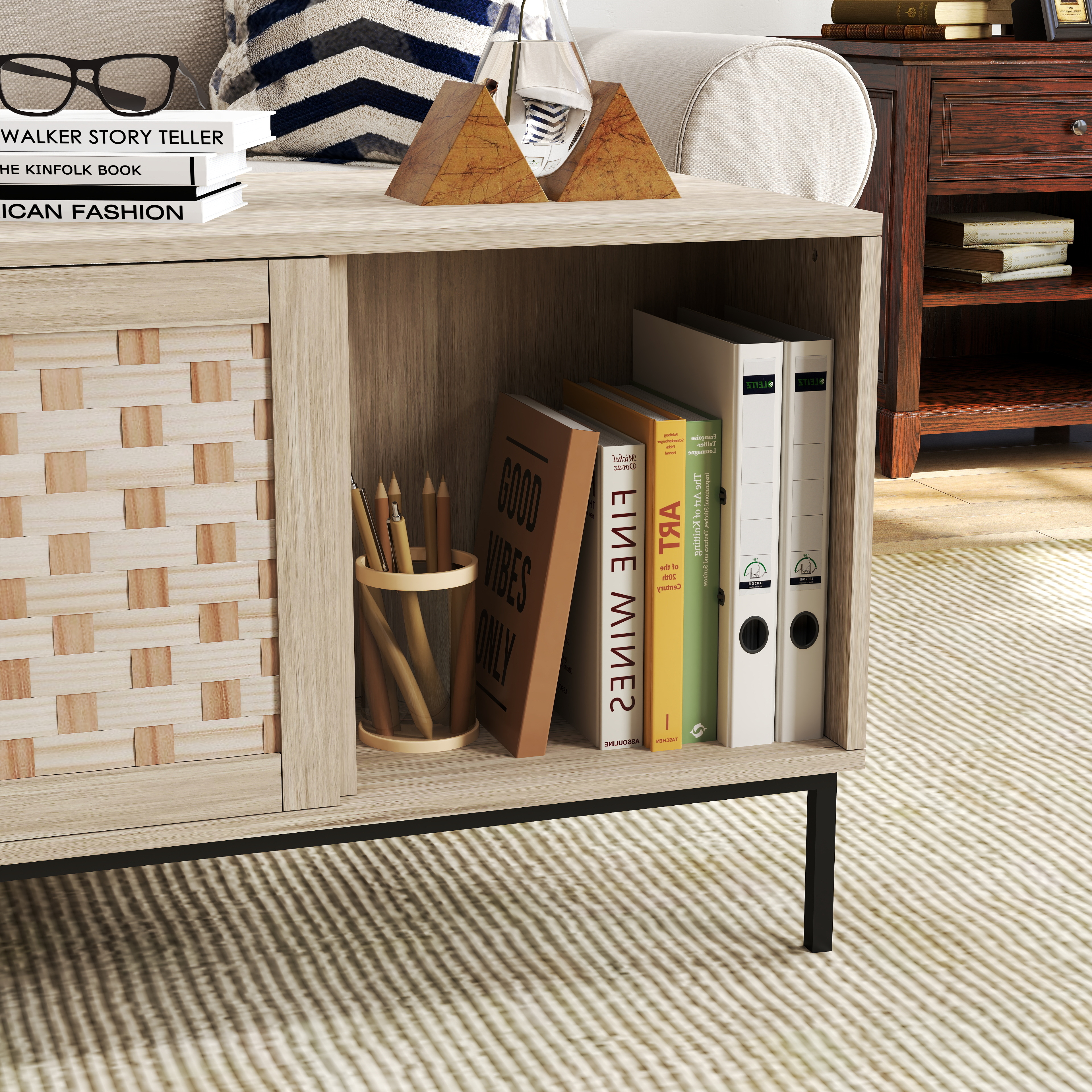 Elegant Veener Weaving Design Coffee Table with 4 Sliding Door, Wooden Center Rectangular Table with Symmetrical Design Storage Cabinet 
