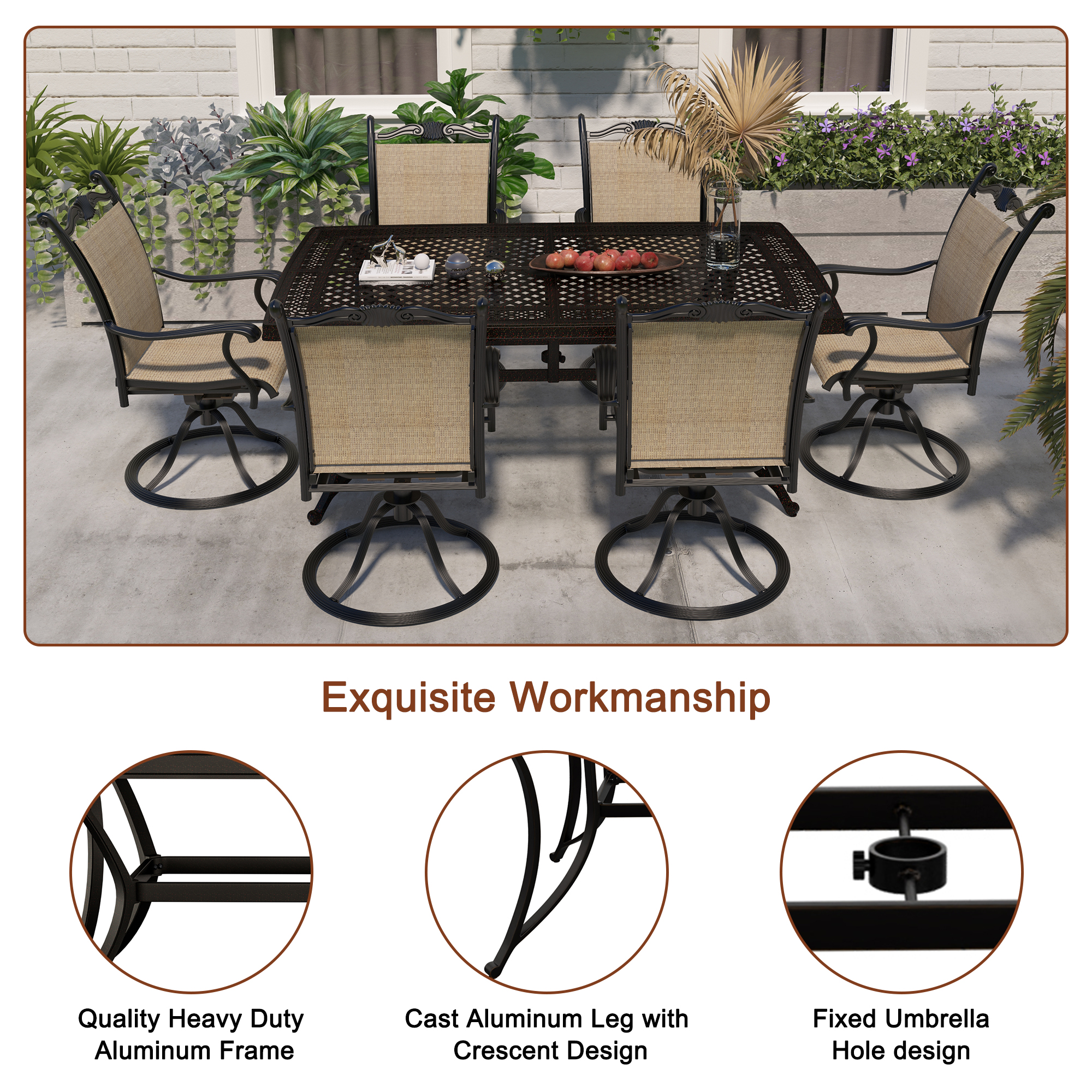 Boyelliving Aluminum Frame Rectangle 28 in. H Outdoor Dining Table with Umbrella Hole in Dark Gold Finished-Boyelliving